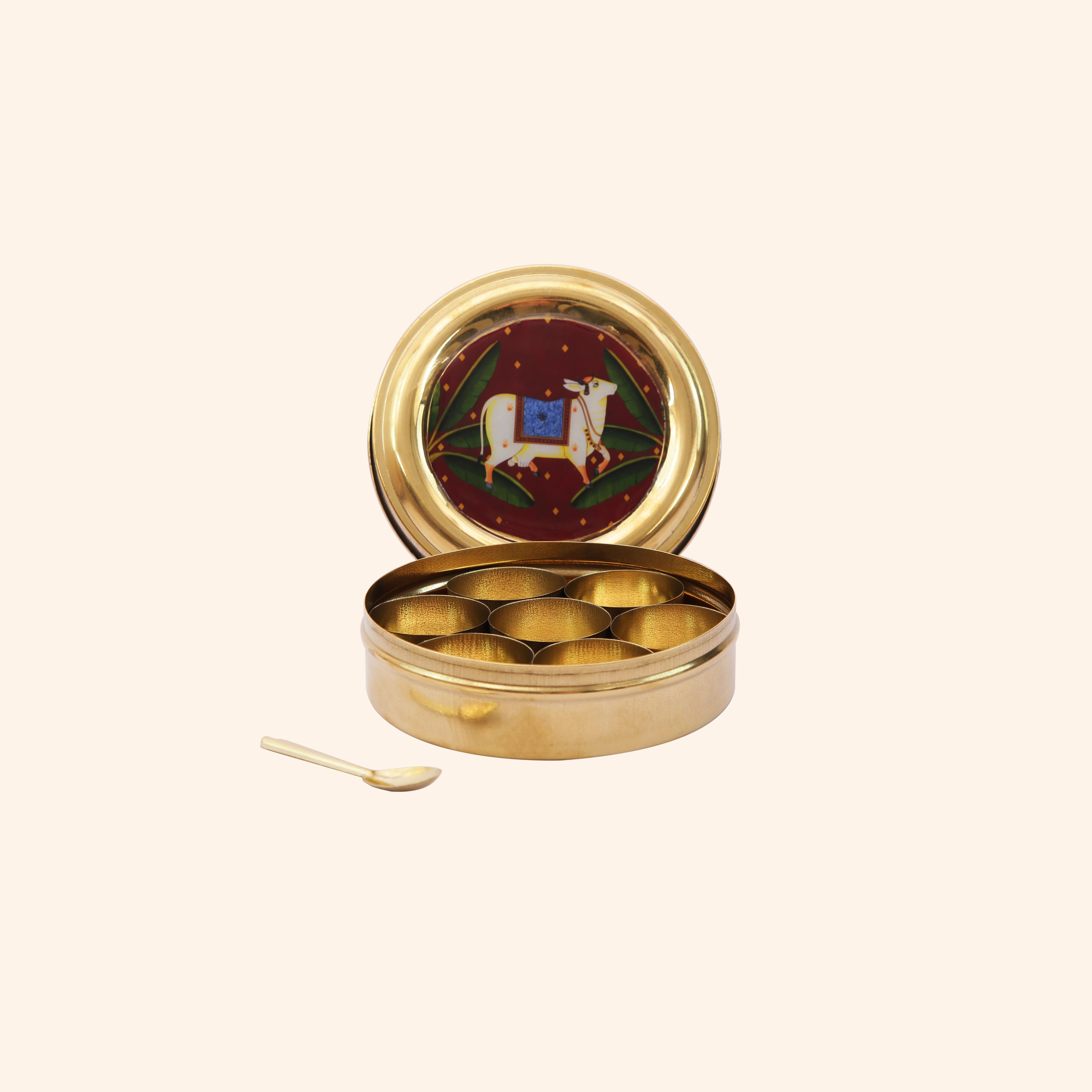 Traditional Brass Masala Dabba (Spice Box) with Sacred Cow Lid