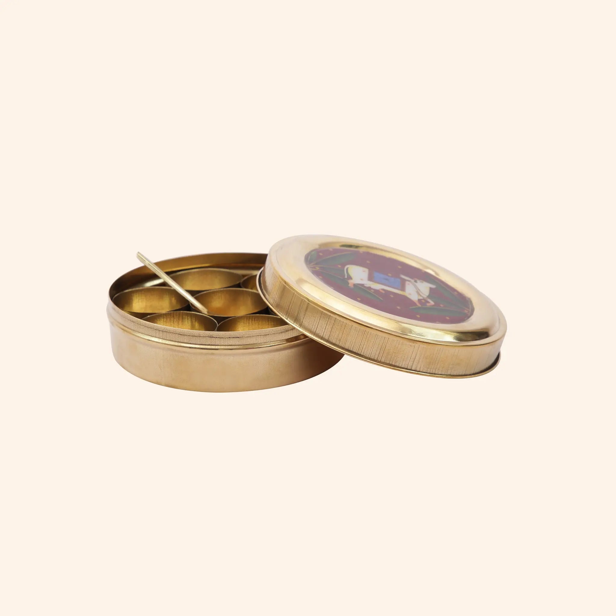 Traditional Brass Masala Dabba (Spice Box) with Sacred Cow Lid