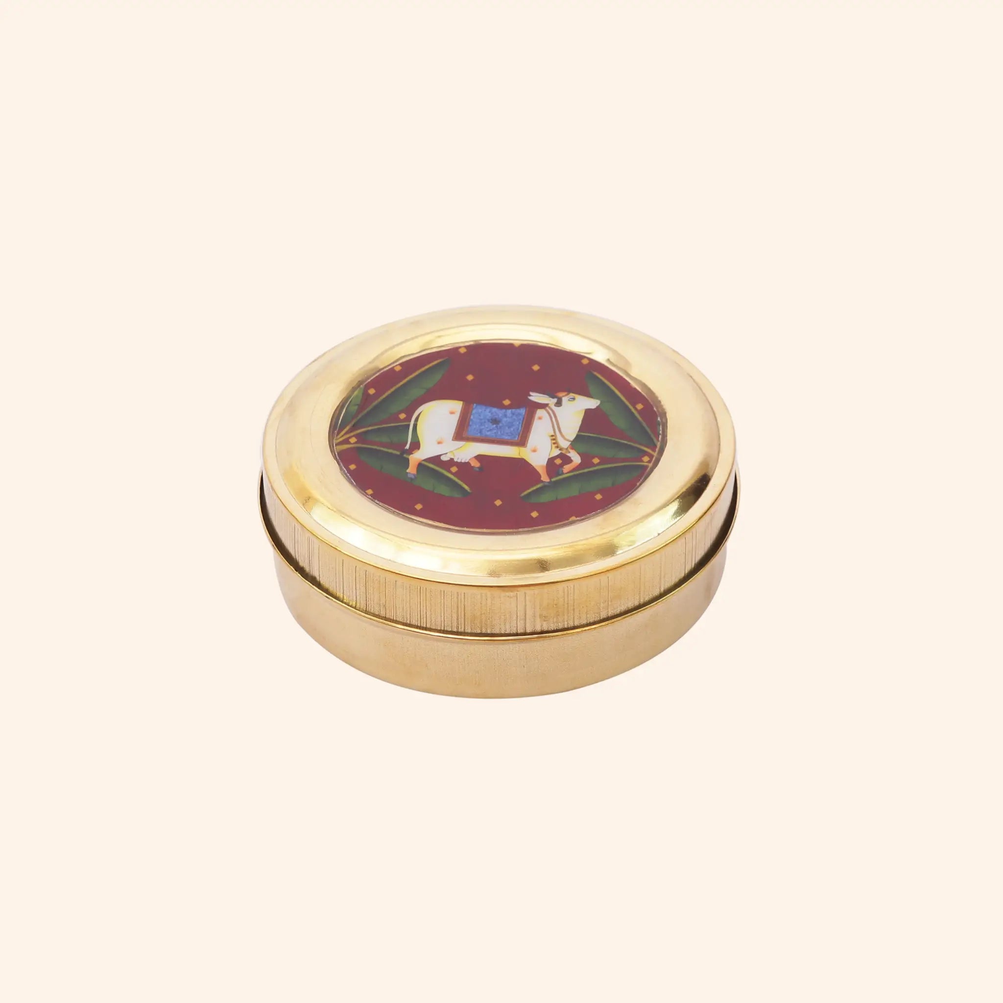 Traditional Brass Masala Dabba (Spice Box) with Sacred Cow Lid
