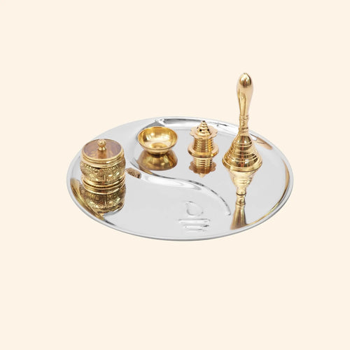 Complete 5-Piece Steel & Brass Puja Thali Set - Pillow Fights