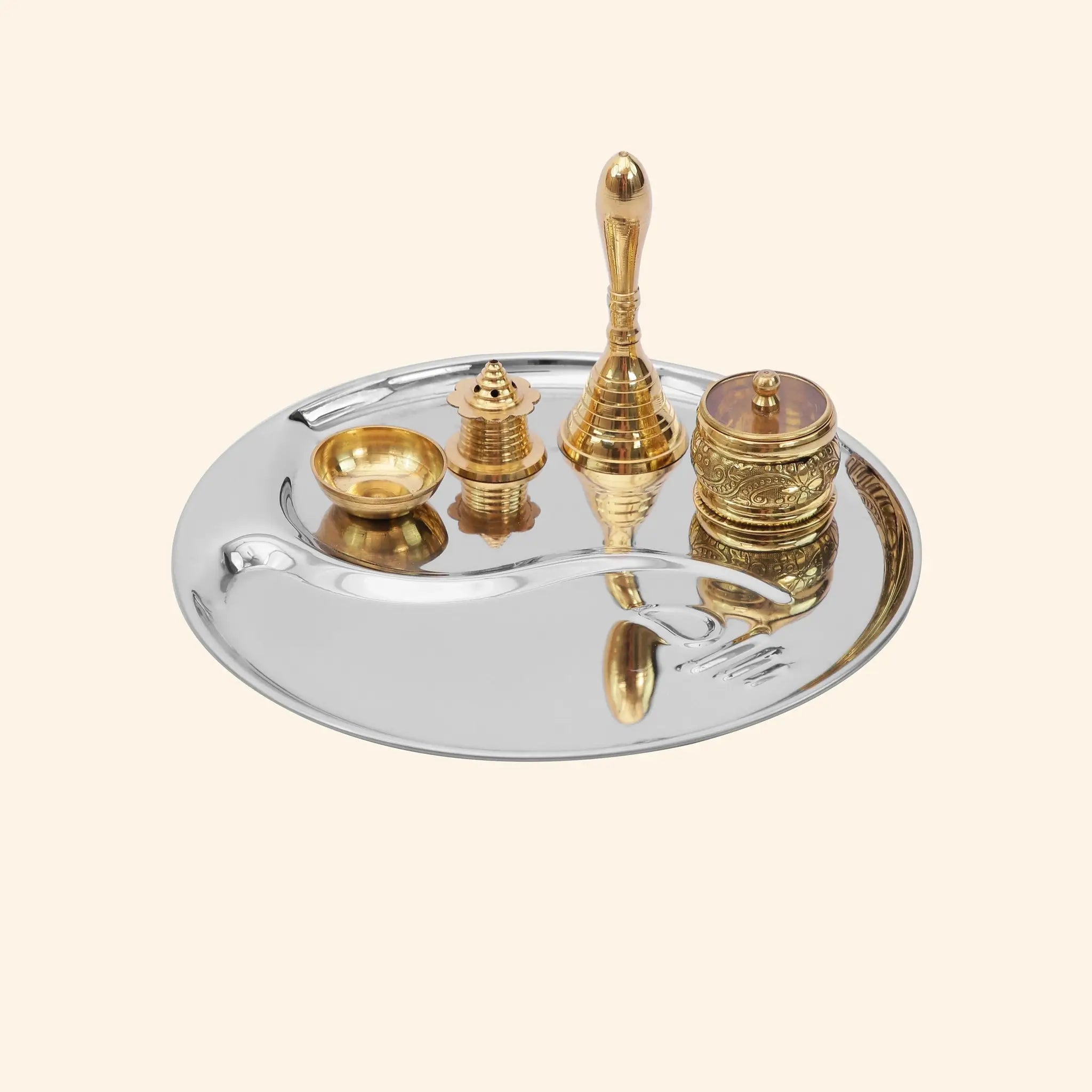 Complete 5-Piece Steel & Brass Puja Thali Set