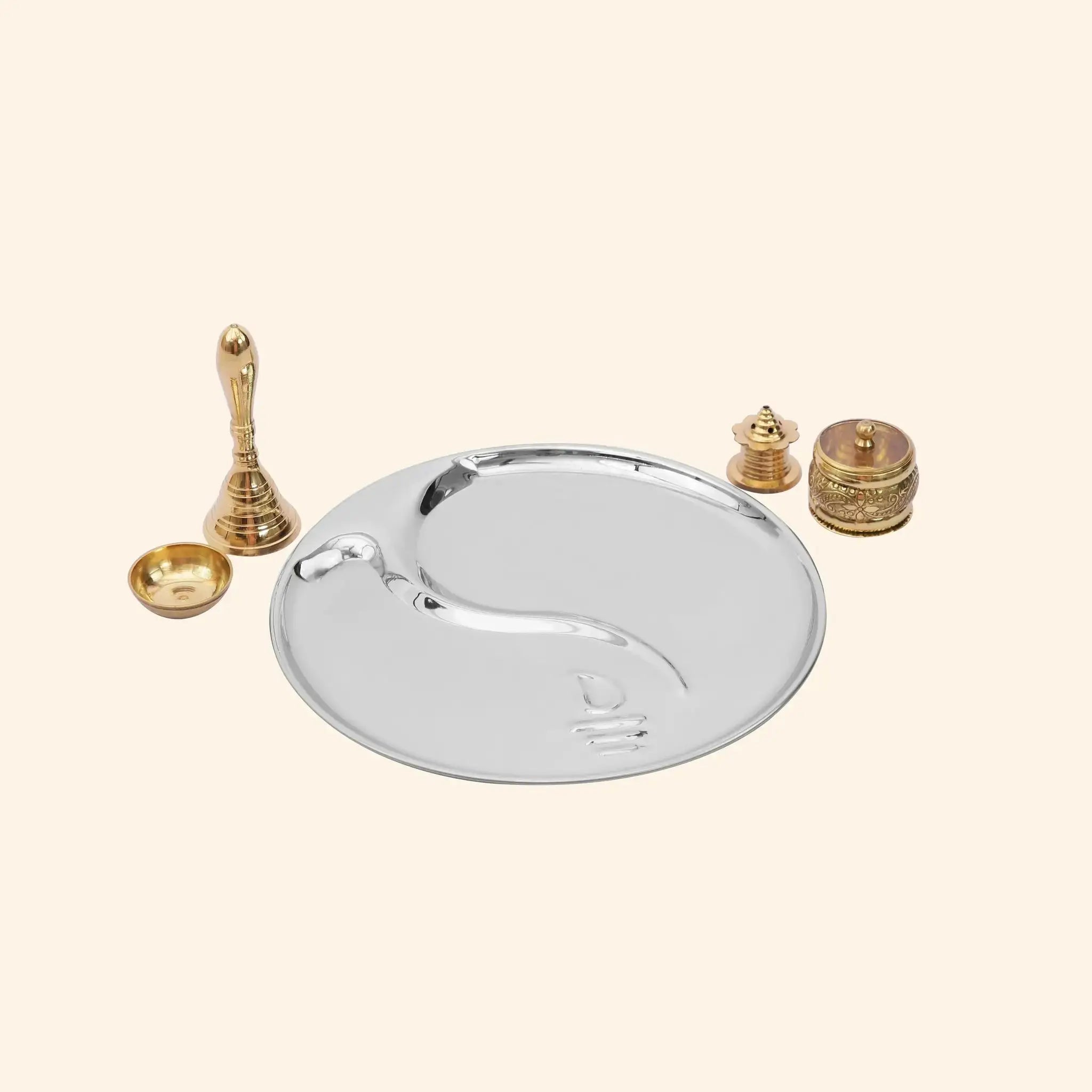 Complete 5-Piece Steel & Brass Puja Thali Set