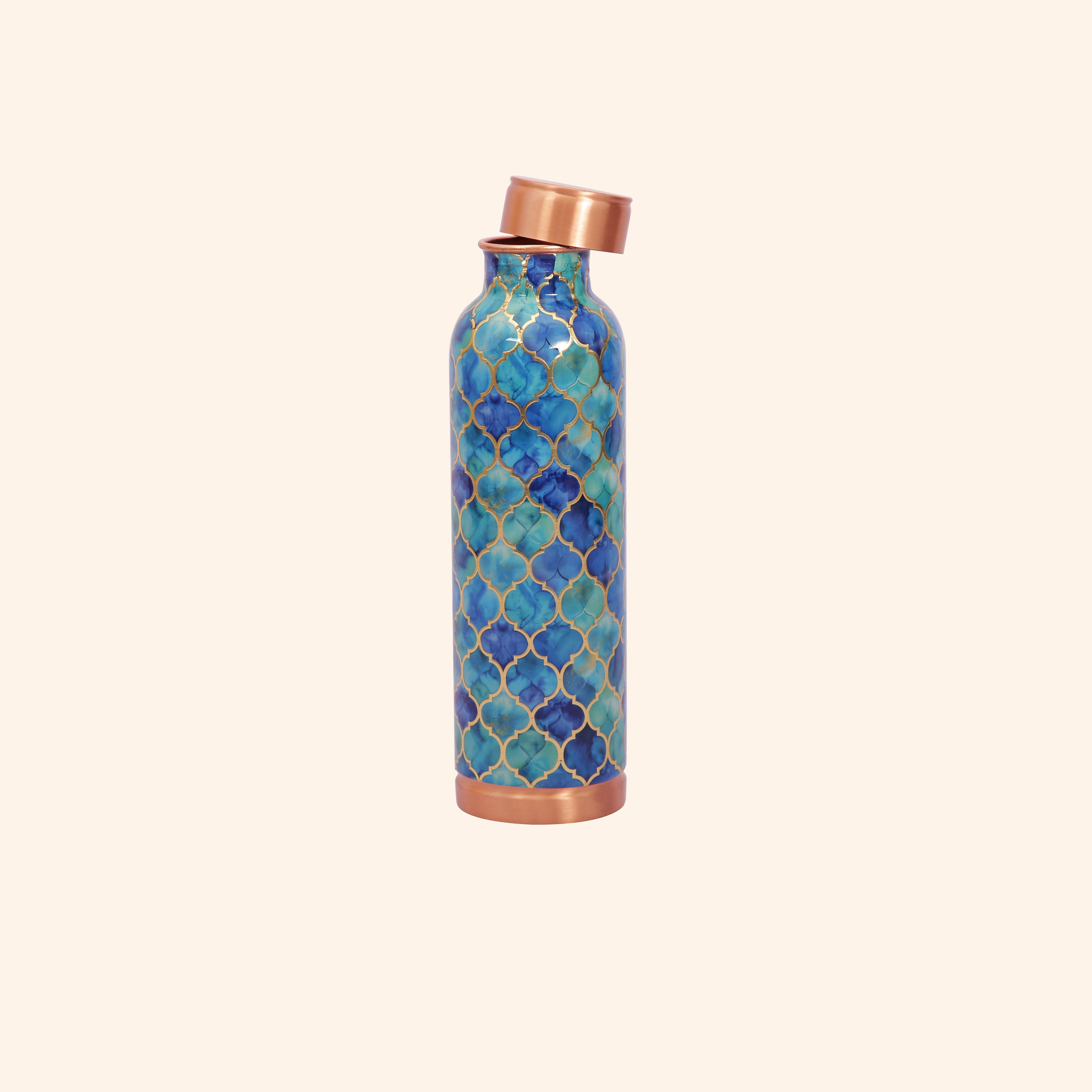 Oceanic Blue Moroccan Print Copper Bottle, 900 ml