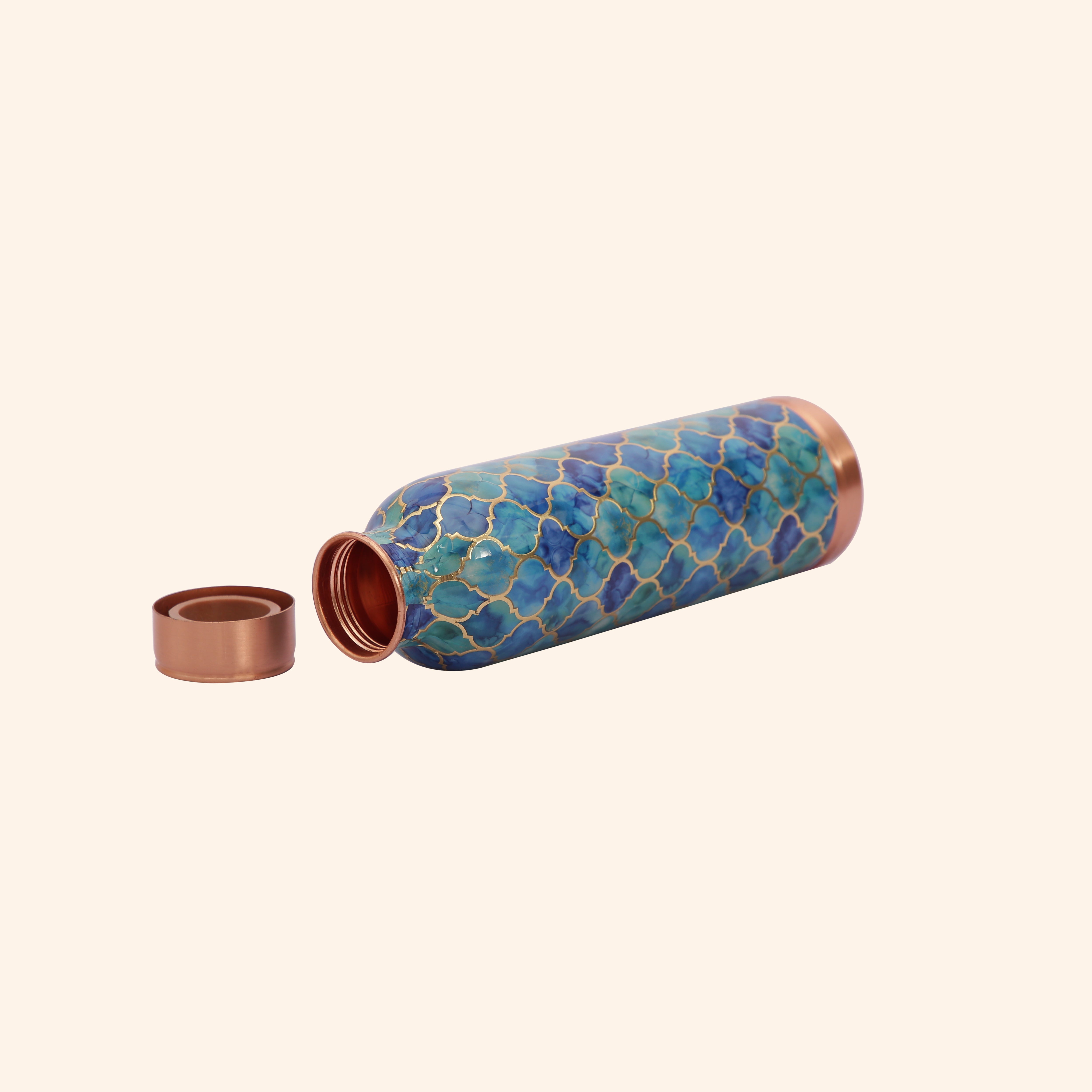 Oceanic Blue Moroccan Print Copper Bottle, 900 ml