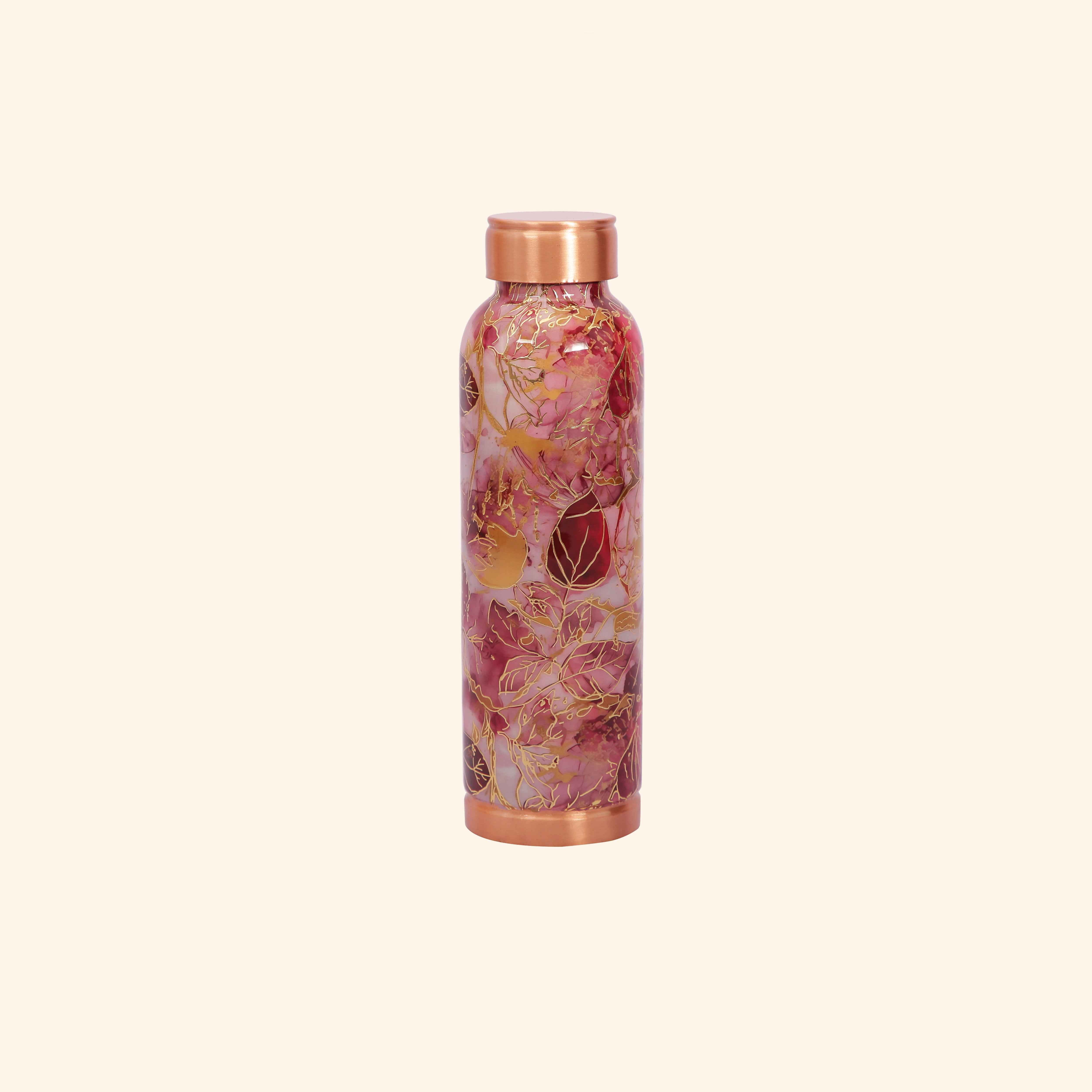 Elegant Maroon & Gold Leaf Print Copper Bottle, 900 ml