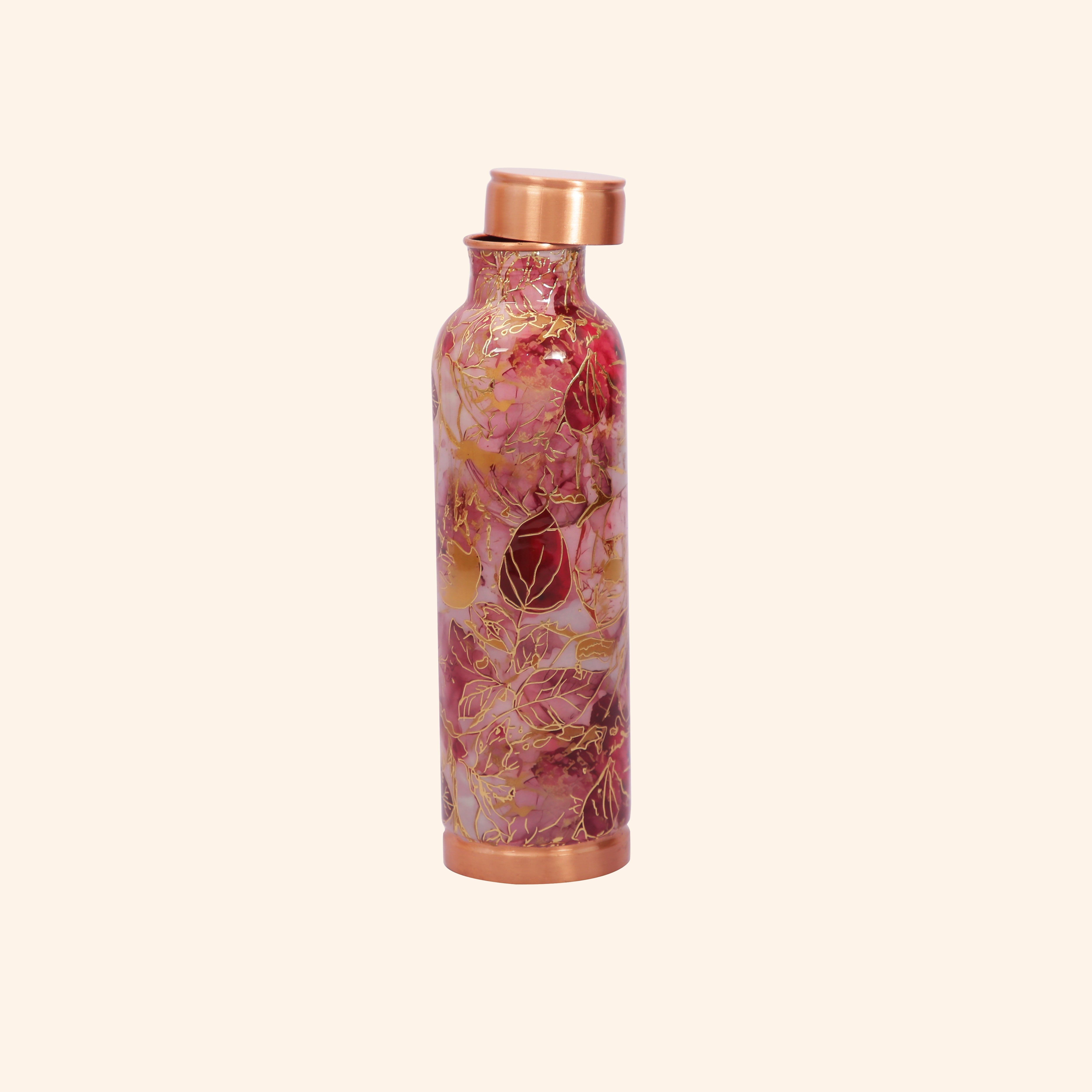 Elegant Maroon & Gold Leaf Print Copper Bottle, 900 ml