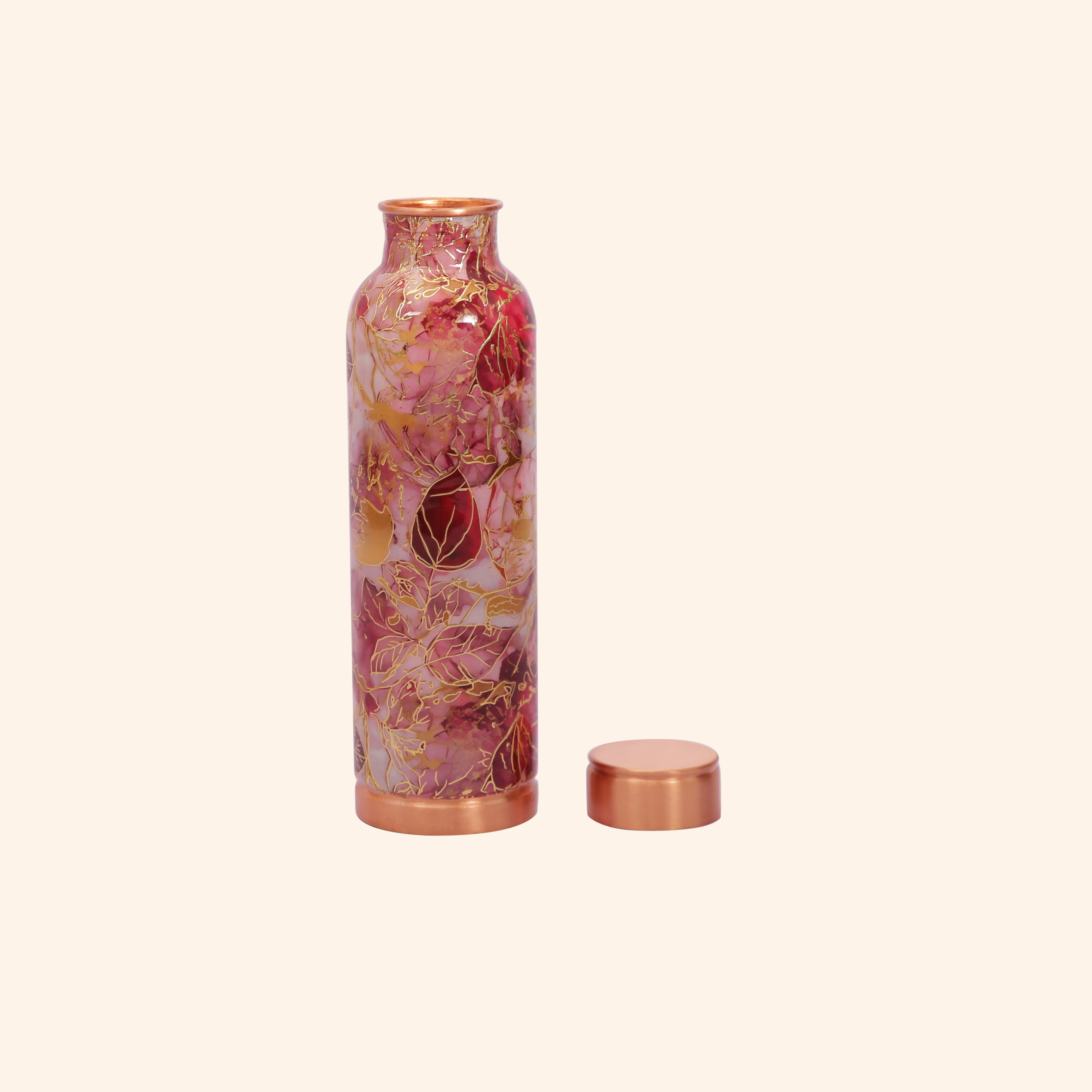 Elegant Maroon & Gold Leaf Print Copper Bottle, 900 ml