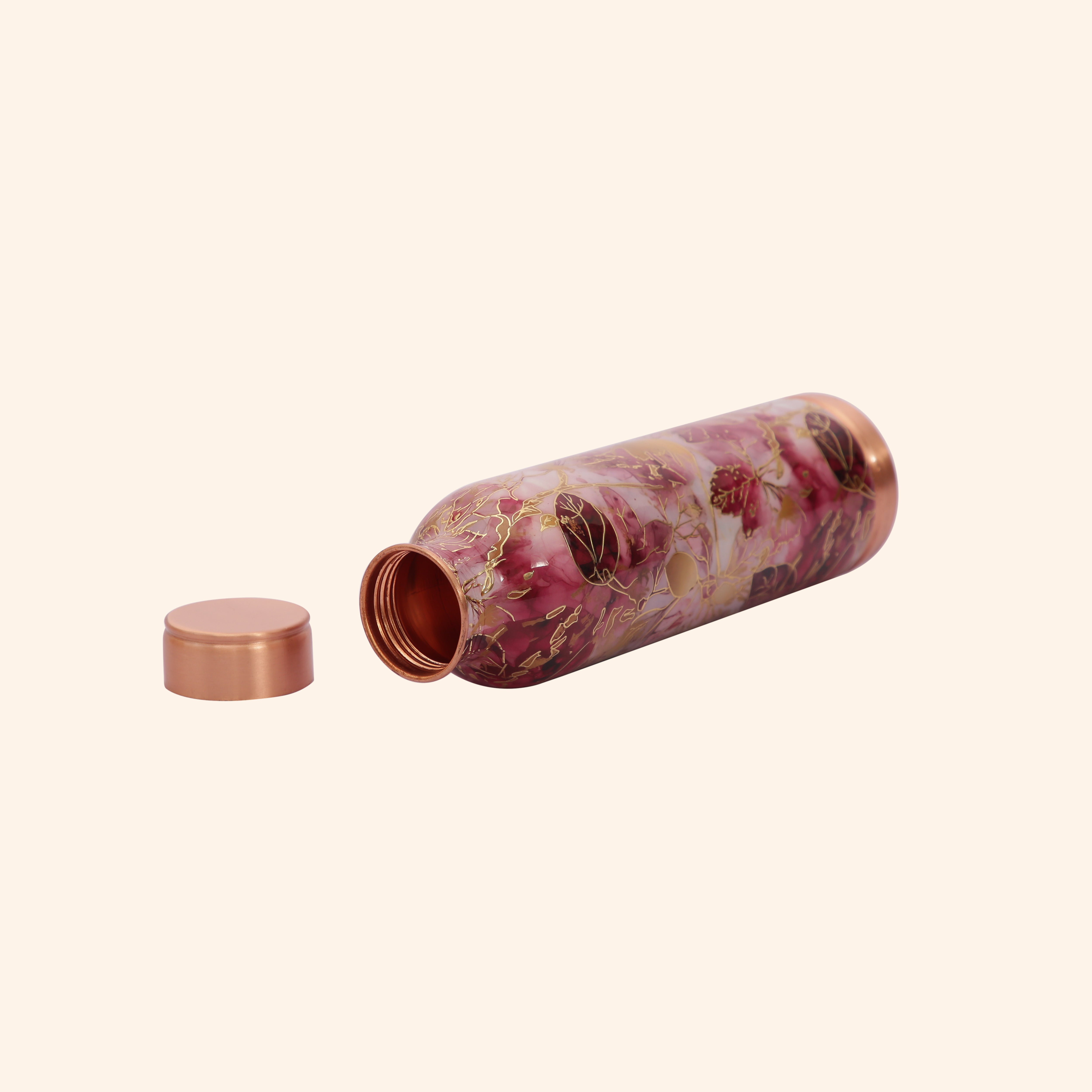 Elegant Maroon & Gold Leaf Print Copper Bottle, 900 ml