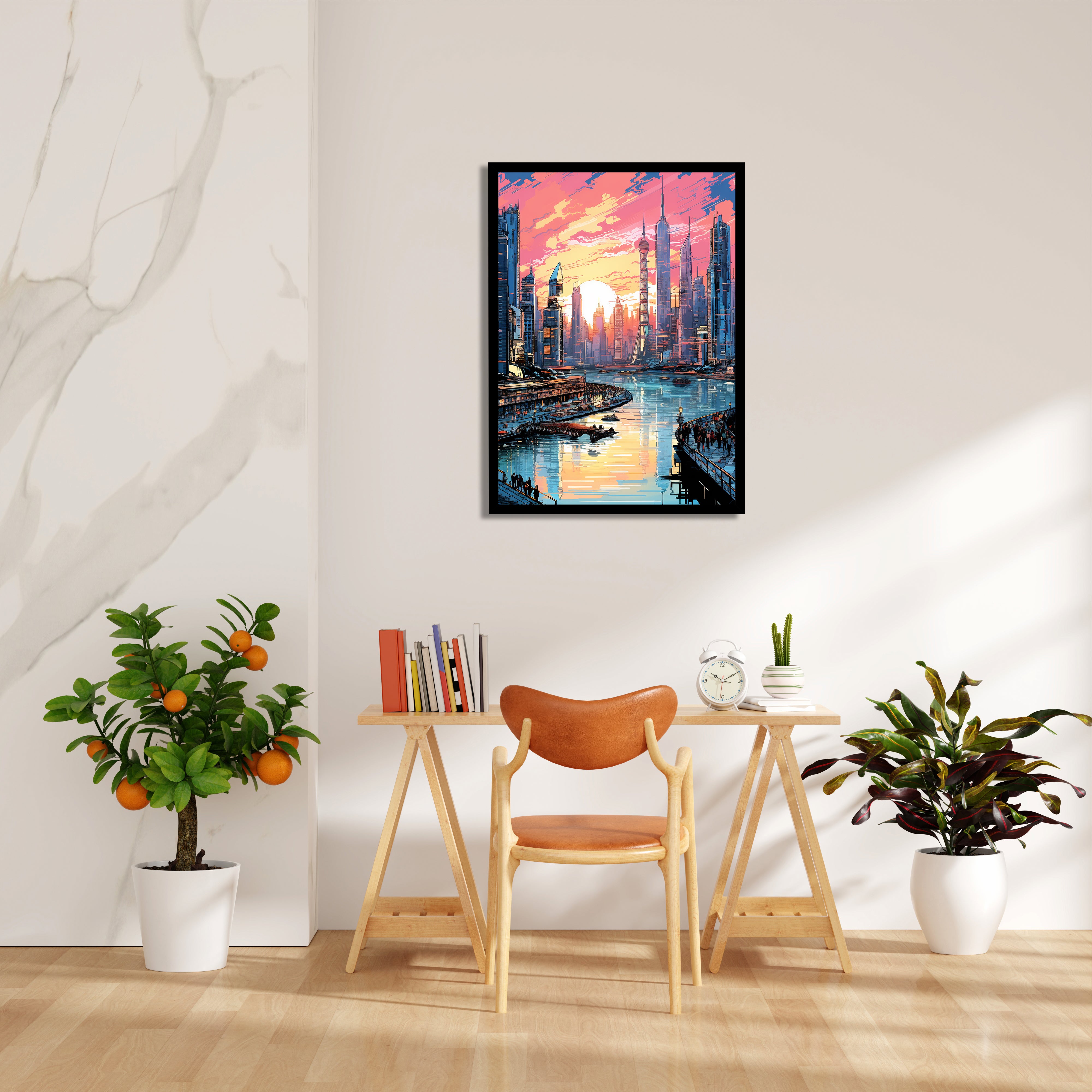 Radiant Futuristic Harbor - City Wall Art