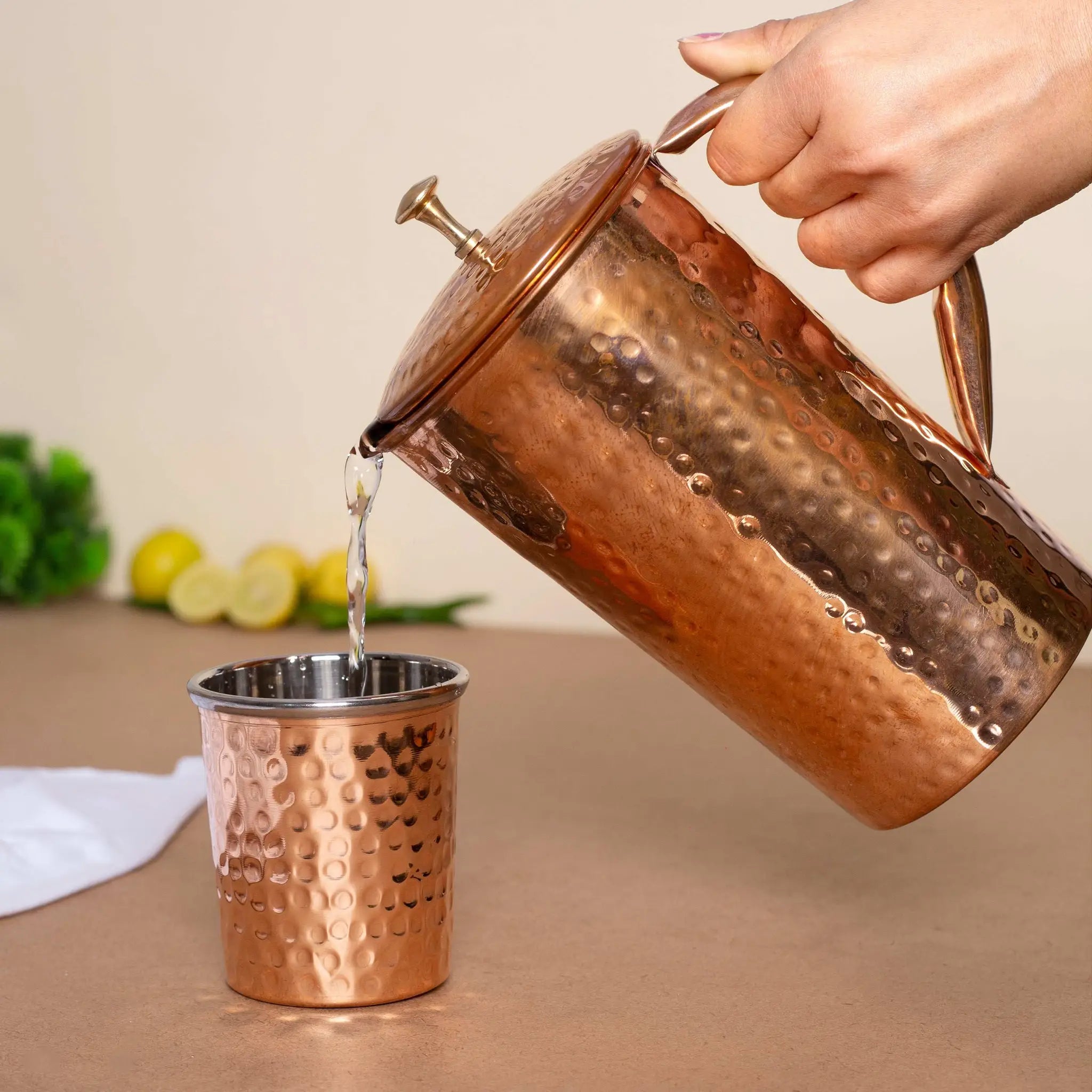 Classic Hammered Copper Jug with Lid (1 Litre) | For Ayurvedic Water & Elegant Serving