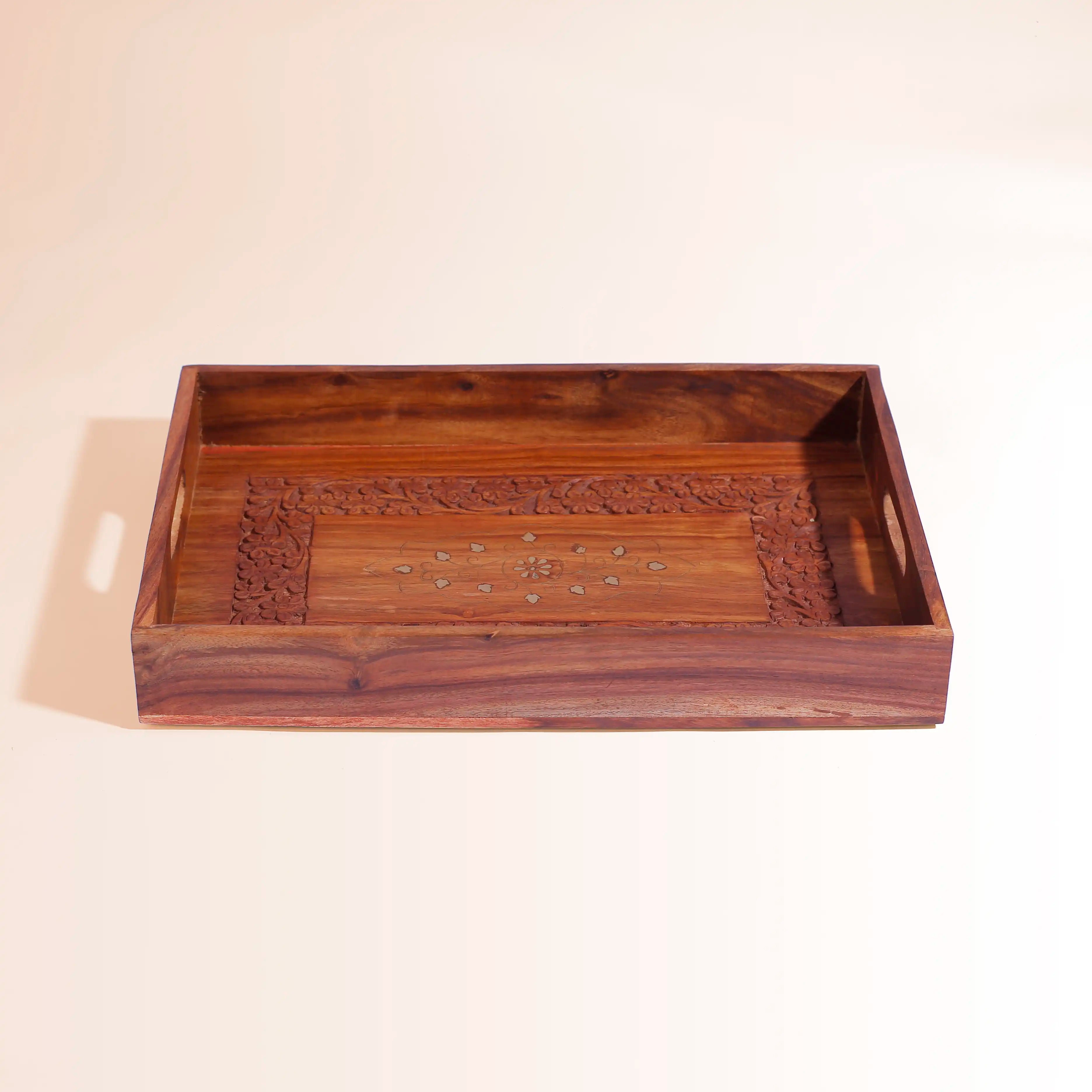 Hand-Carved Sheesham Wood Serving Tray with Inlay Work