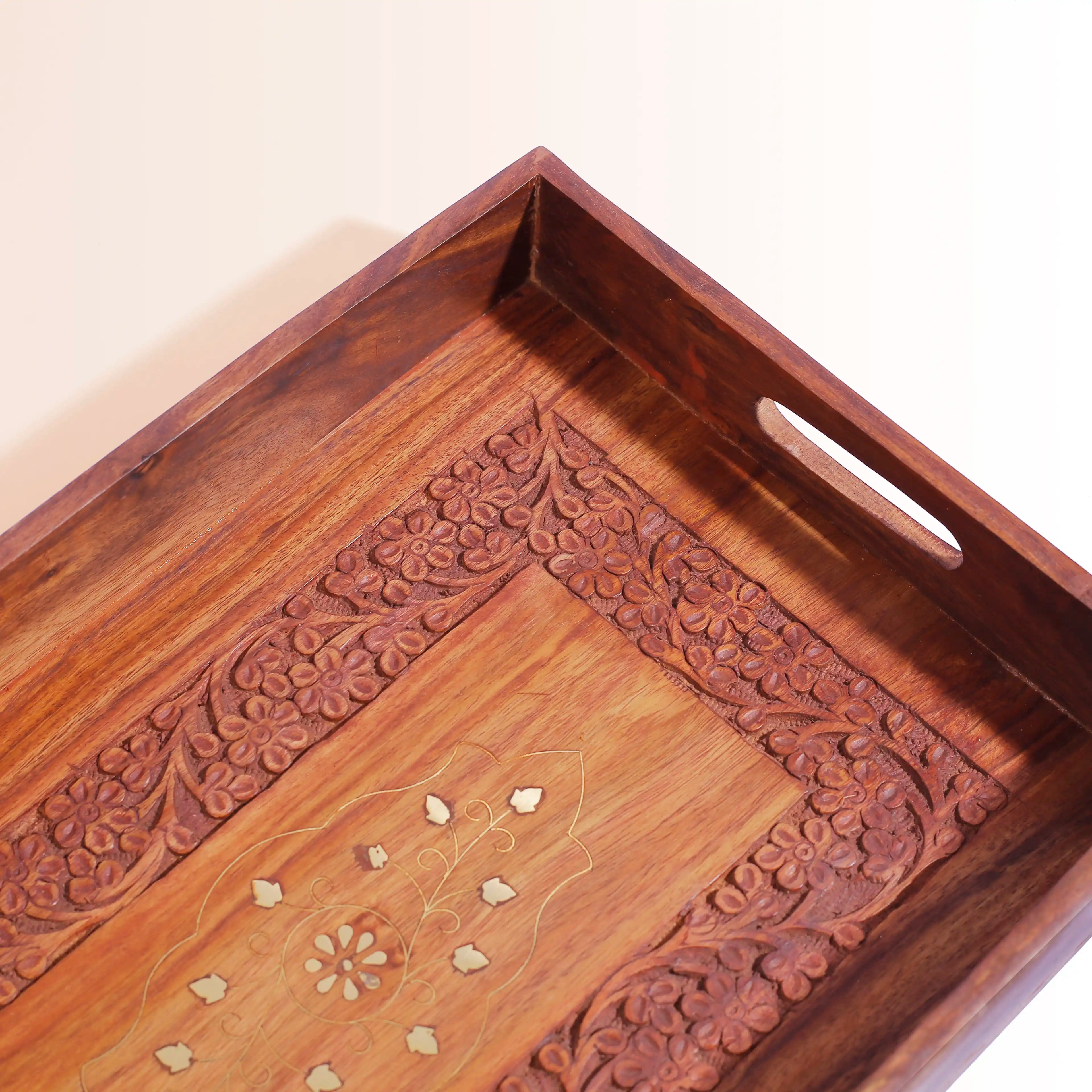 Hand-Carved Sheesham Wood Serving Tray with Inlay Work