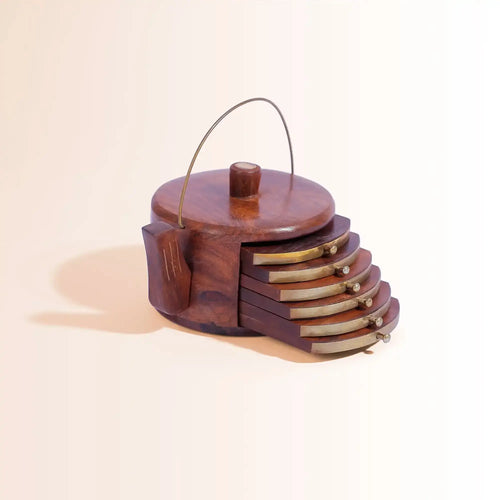 Handcrafted Sheesham Wood Teapot Coaster Set (Set of 6) | With Brass Accents - Pillow Fights
