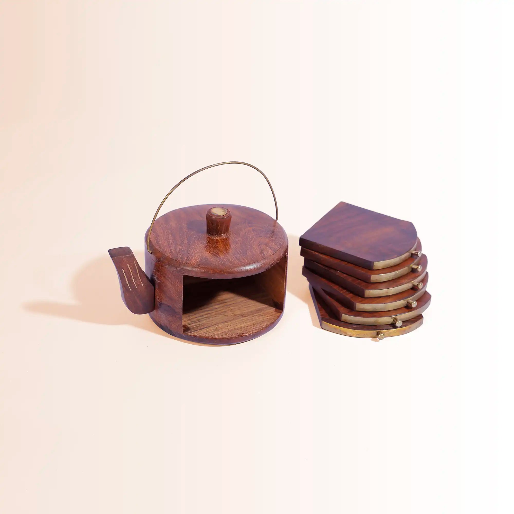Handcrafted Sheesham Wood Teapot Coaster Set (Set of 6) | With Brass Accents