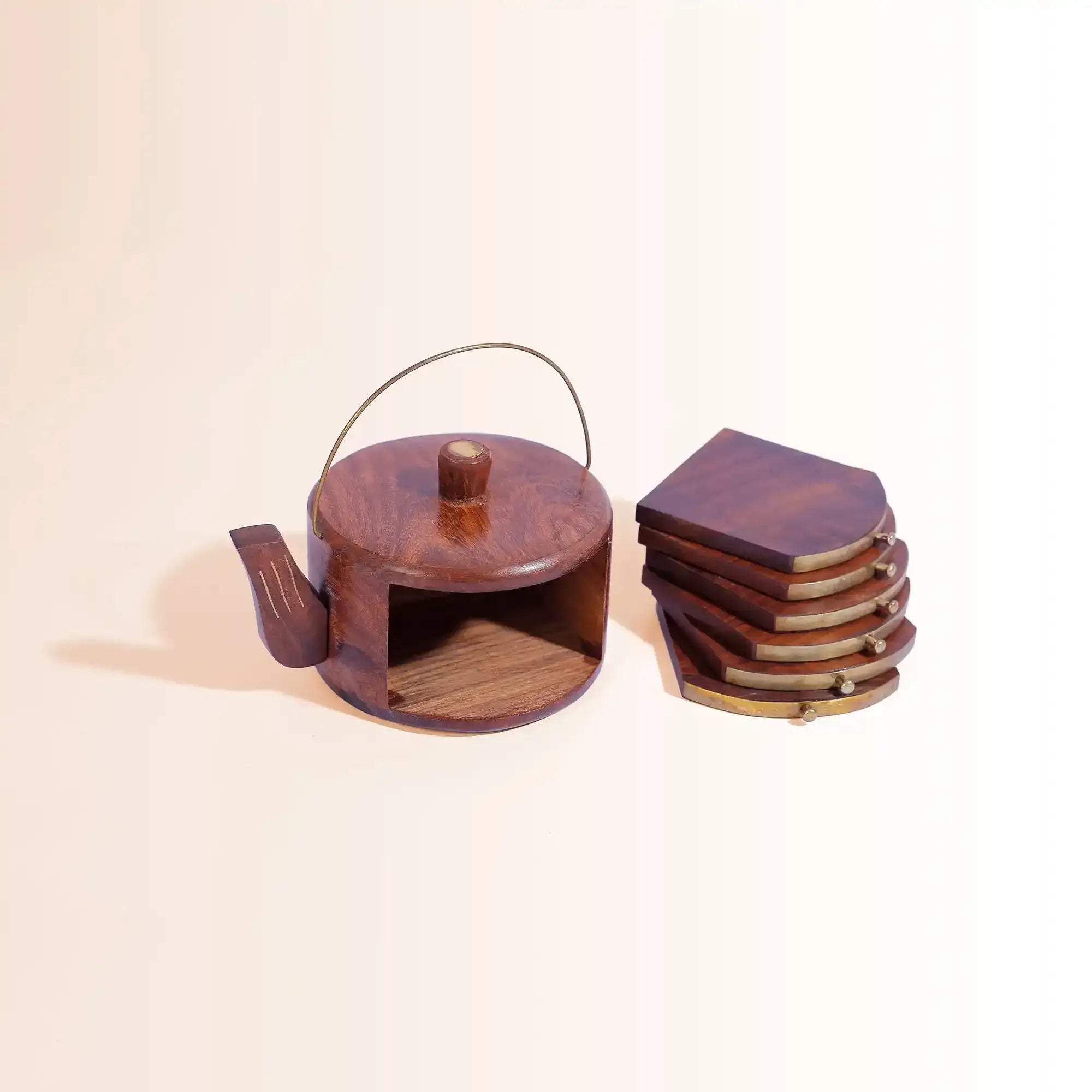 Handcrafted Sheesham Wood Teapot Coaster Set (Set of 6) | With Brass Accents