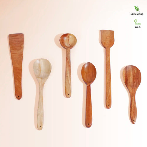 Handcrafted 6-Piece Neem Wood Kitchen Spatula & Spoon Set | Antibacterial & Non-Stick Safe - Pillow Fights