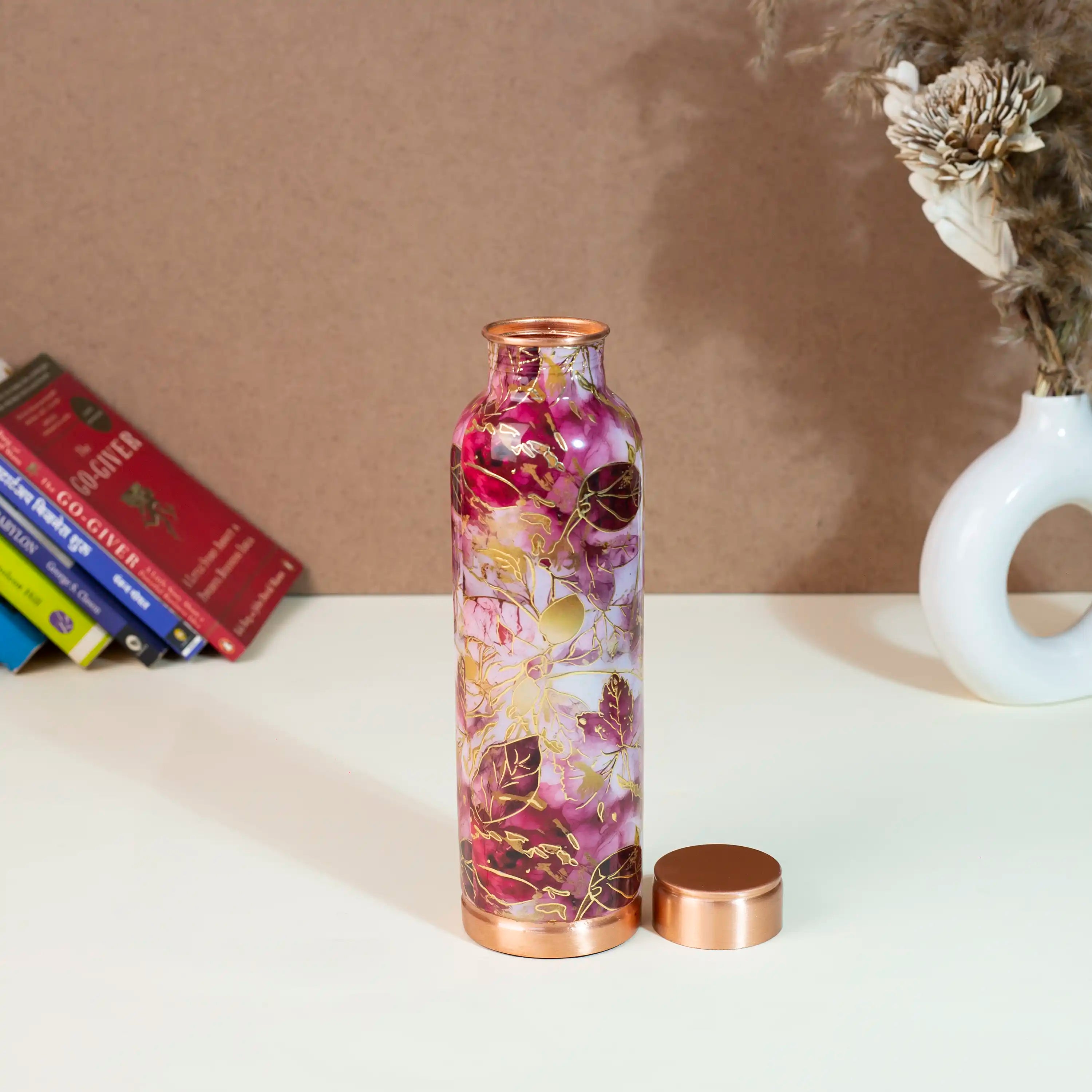 Elegant Maroon & Gold Leaf Print Copper Bottle, 900 ml