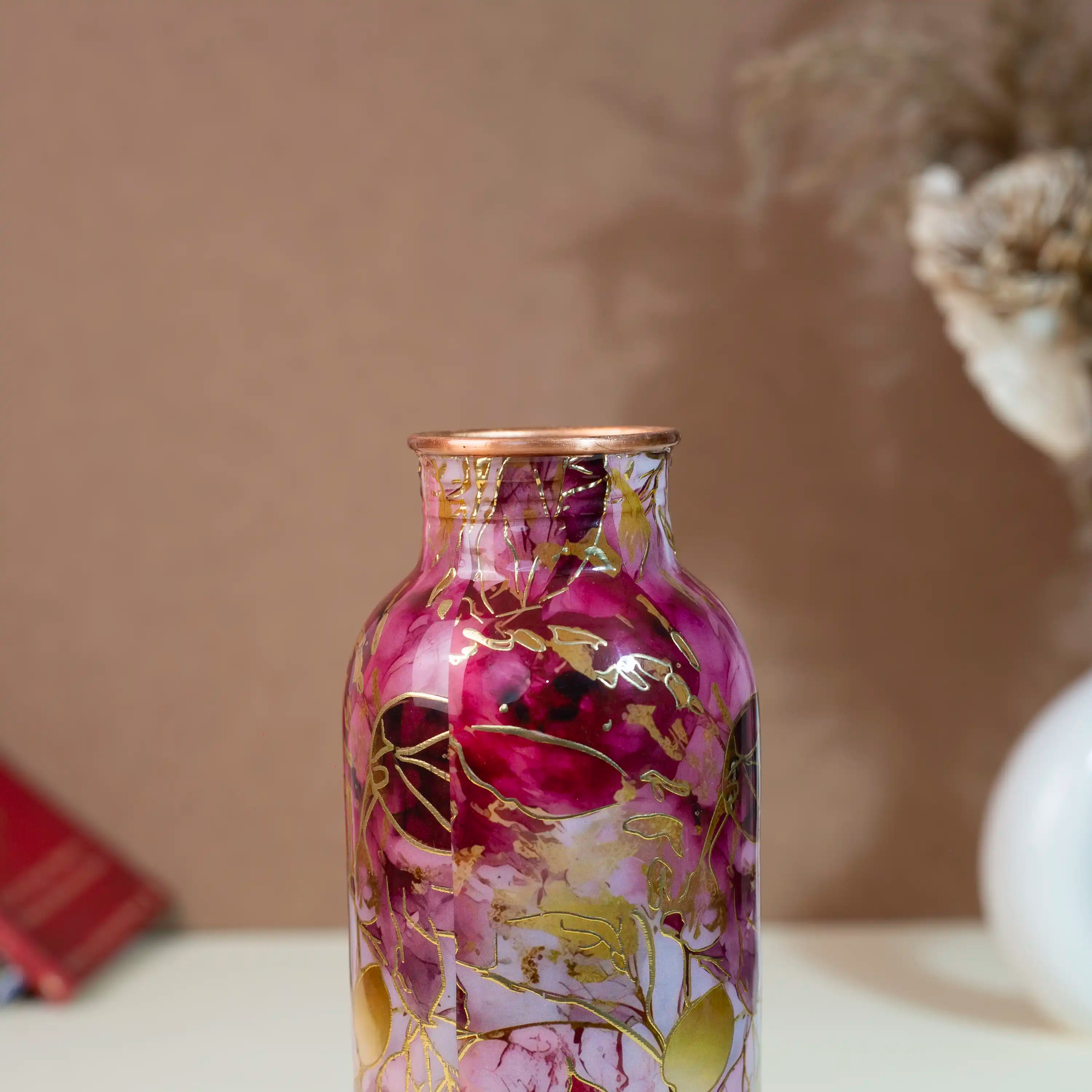 Elegant Maroon & Gold Leaf Print Copper Bottle, 900 ml