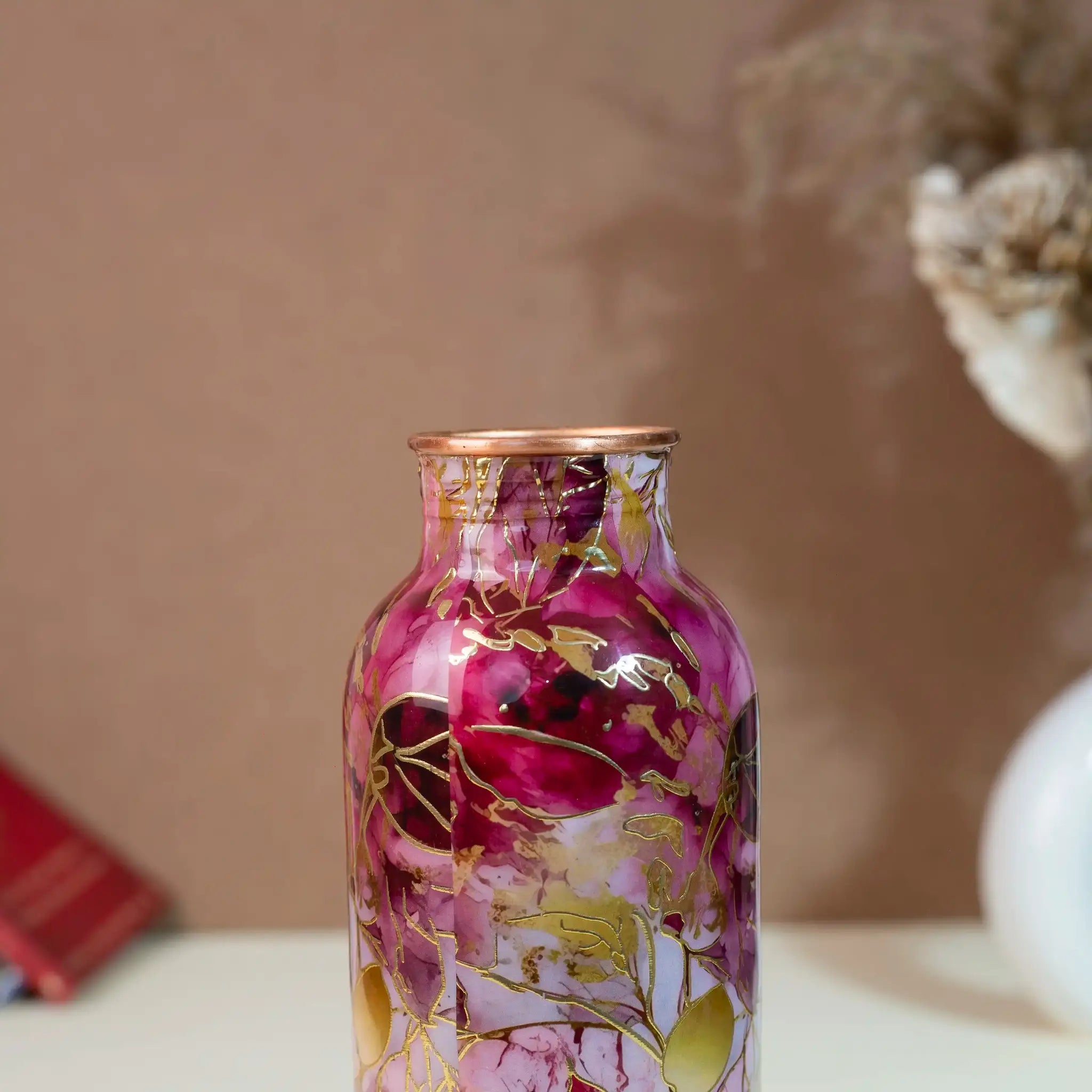 Elegant Maroon & Gold Leaf Copper Bottle