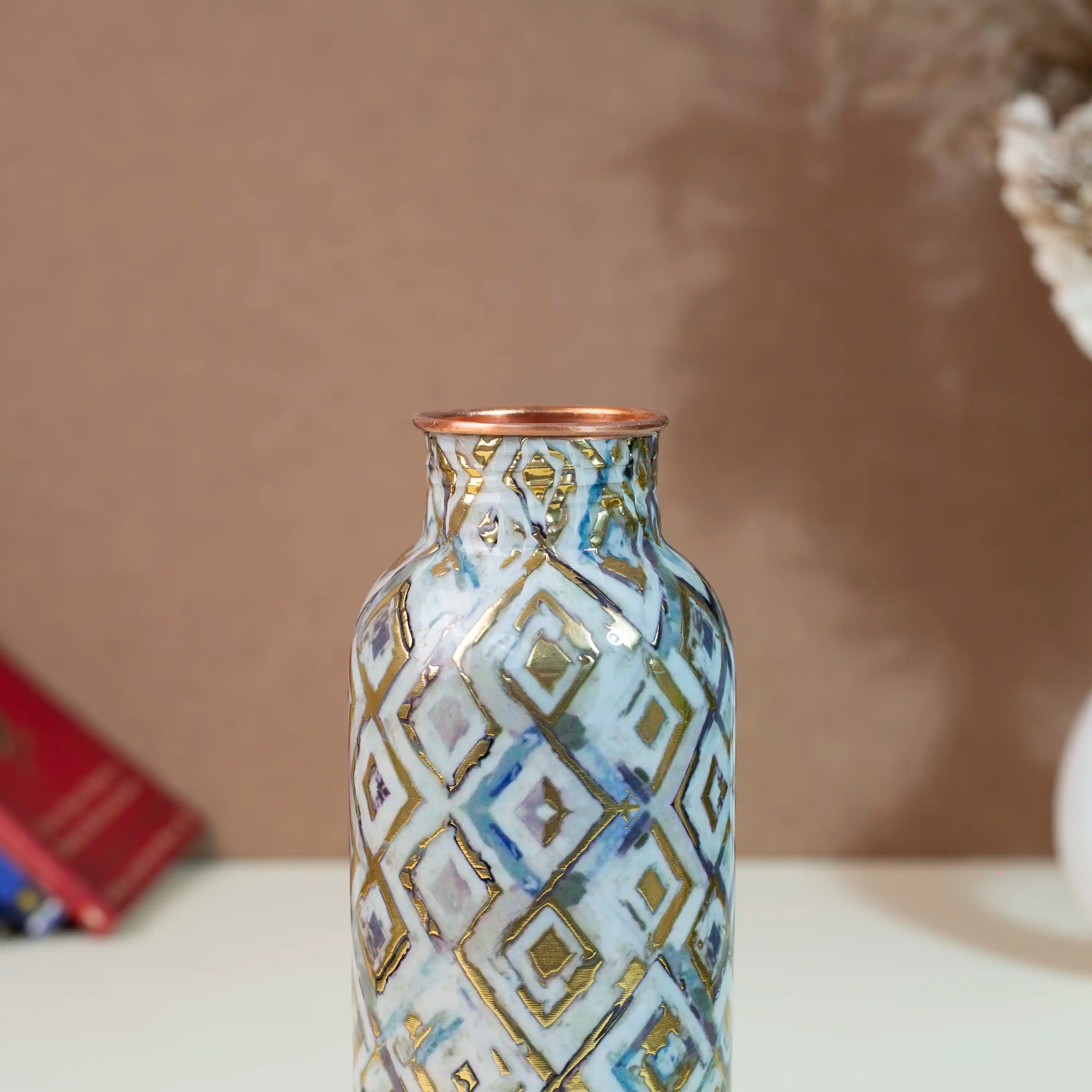 Modern Grey Barfi Geometric Print Copper Bottle, 900 ml