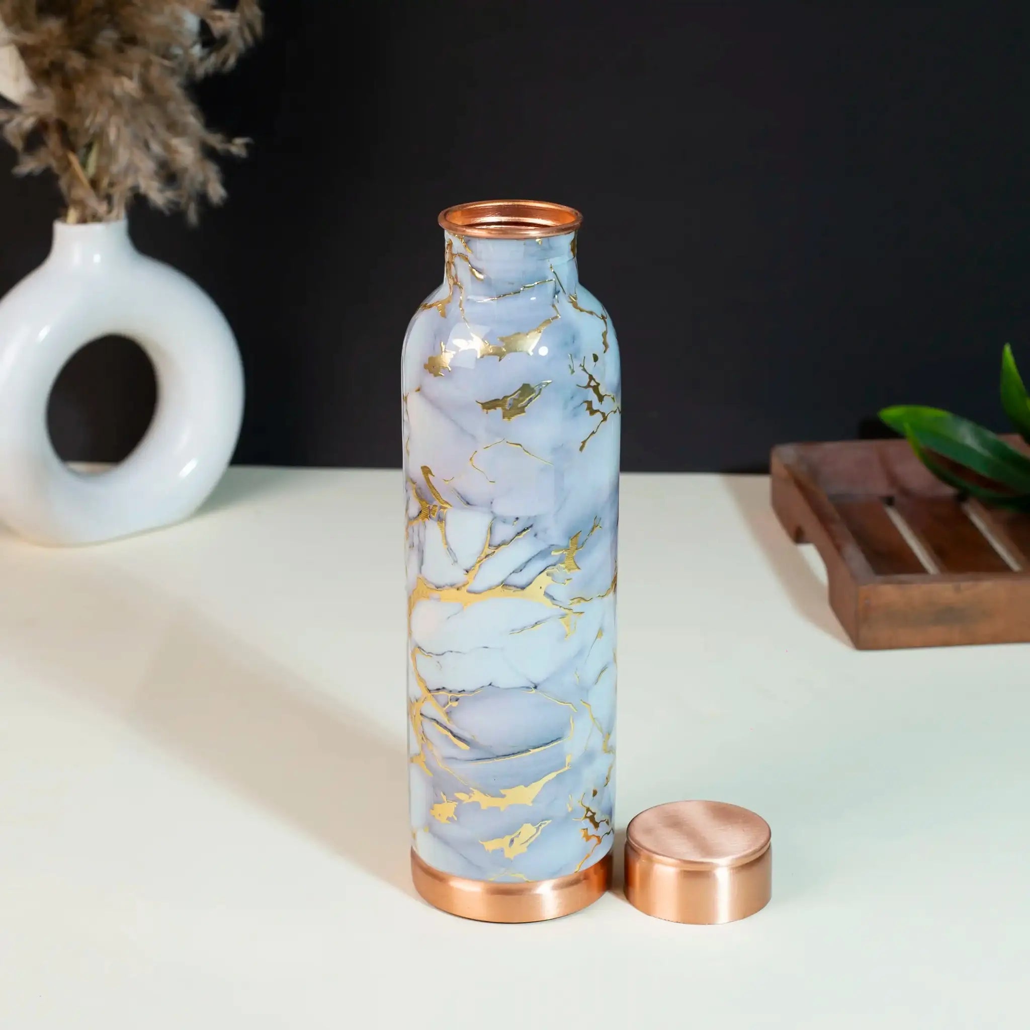 Maroon & Gold Leaf Print Copper Bottle