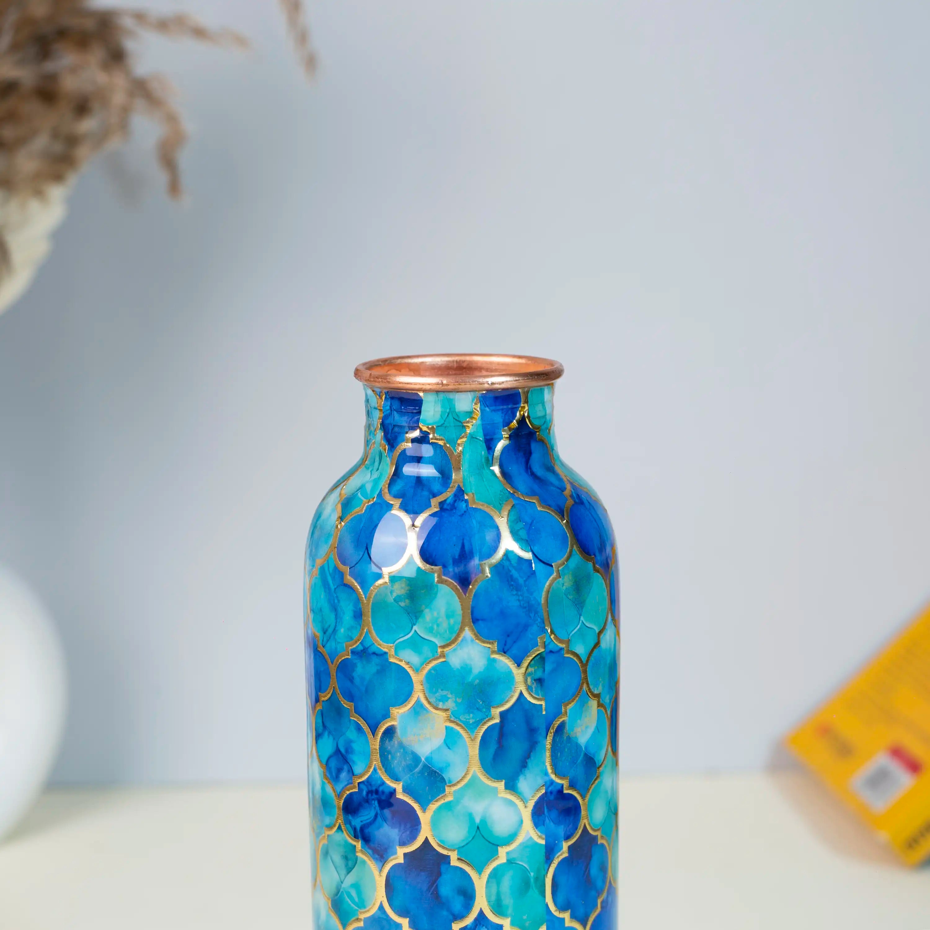 Oceanic Blue Moroccan Print Copper Bottle, 900 ml