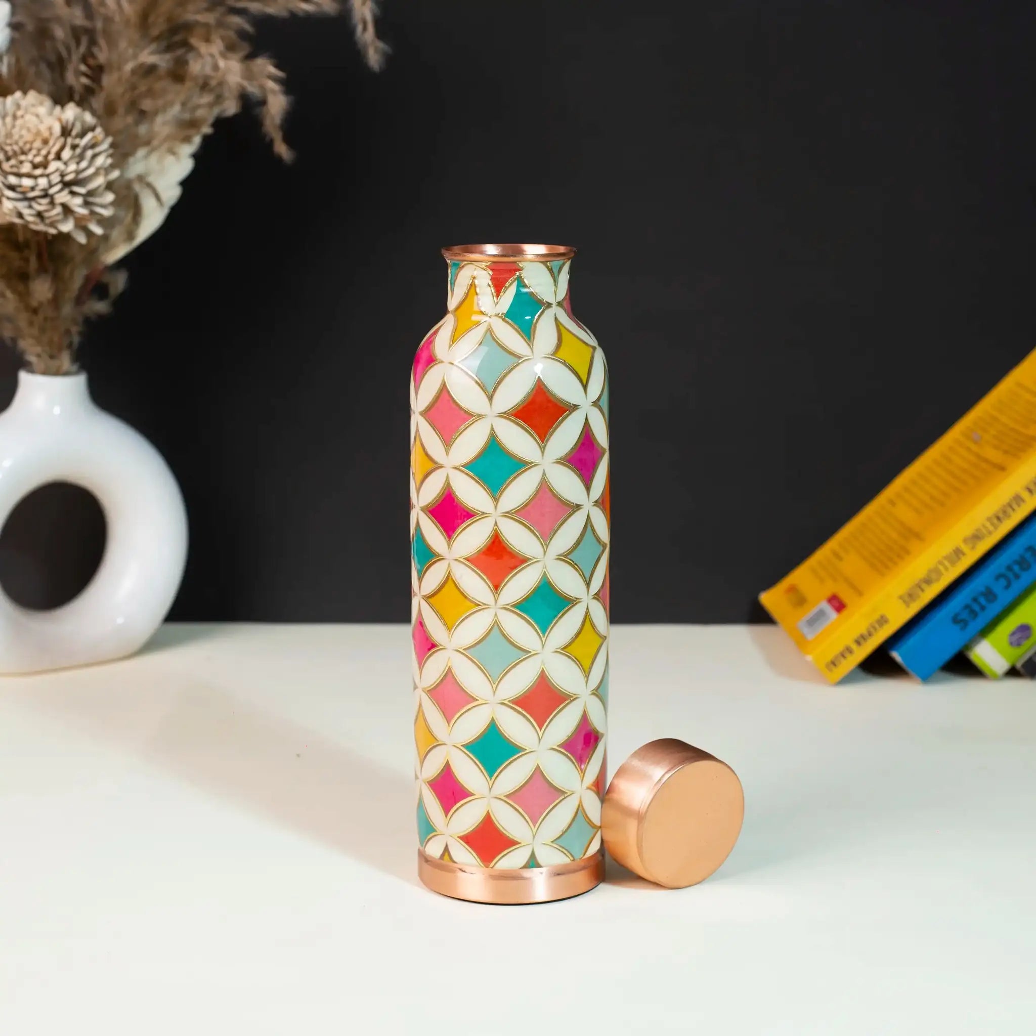 Vibrant Geometric Floral Copper Bottle, 900 ml