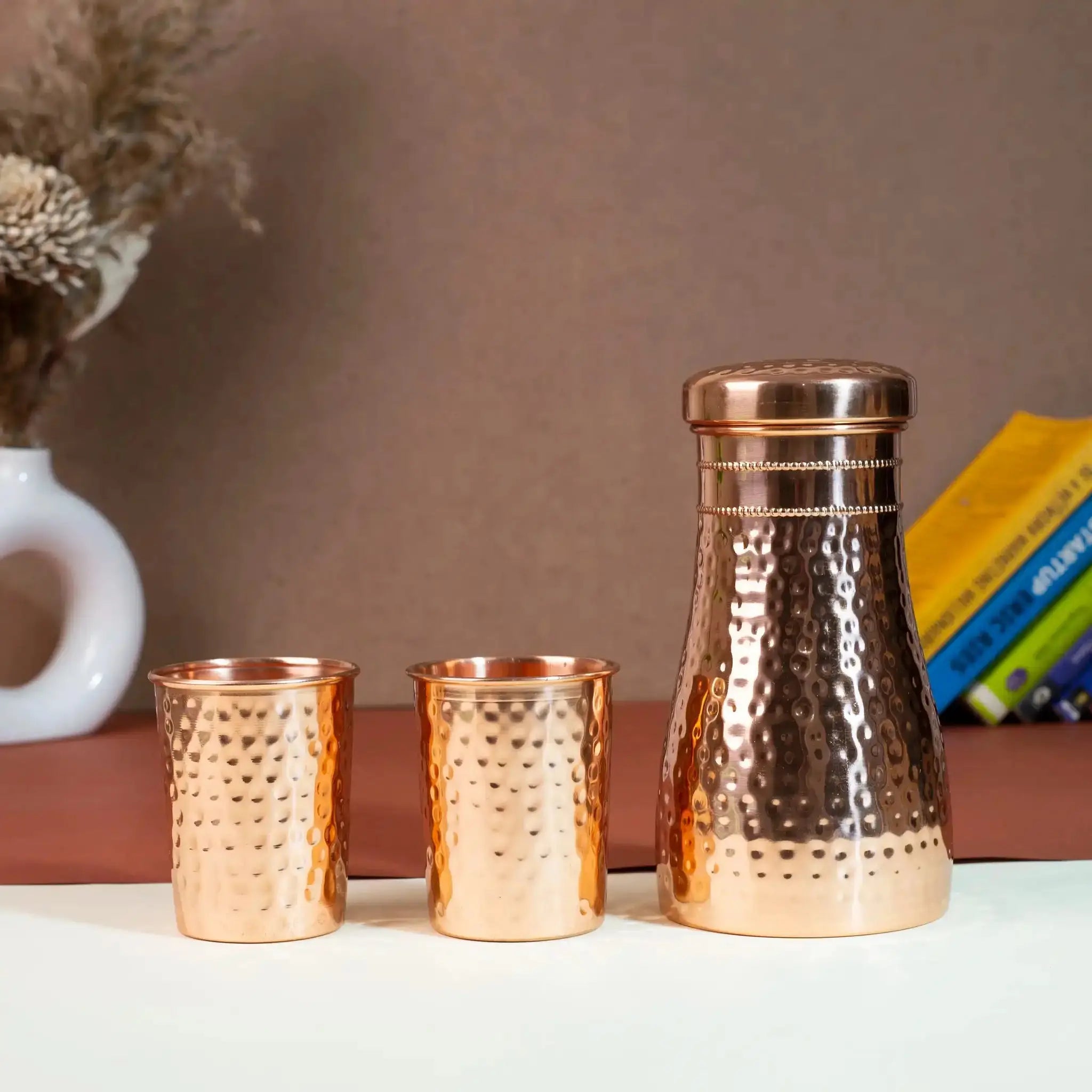 Hammered Copper Bedside Water Carafe Set with 2 Tumblers