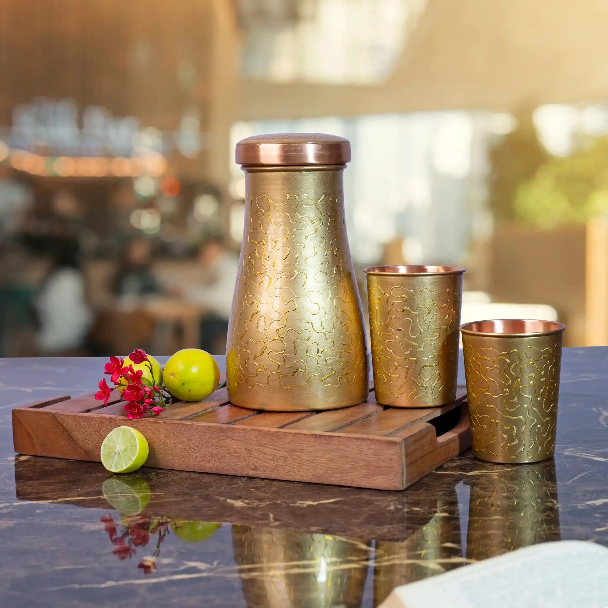 Modern 'Meena' Art Copper Carafe Set with 2 Tumblers | For Ayurvedic Hydration