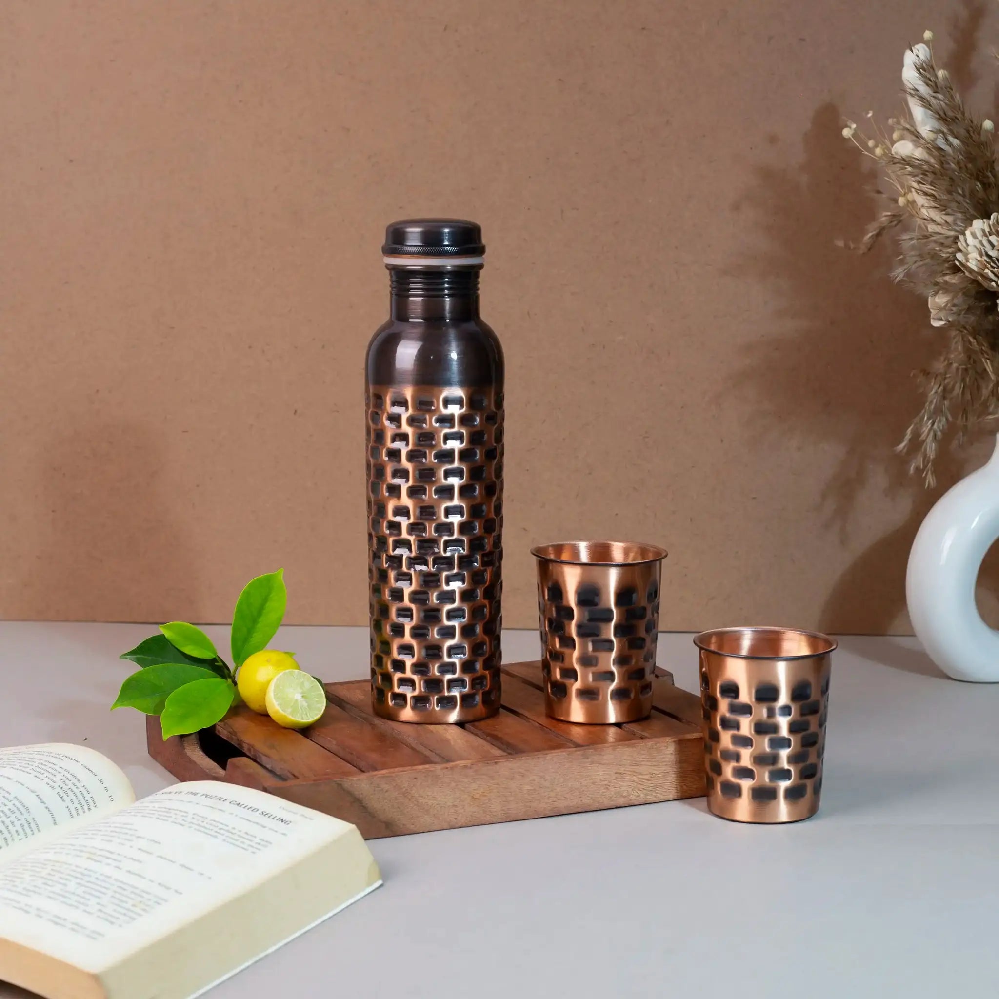 Antique Brick Pattern Copper Bottle & Tumbler Set | For Ayurvedic Health
