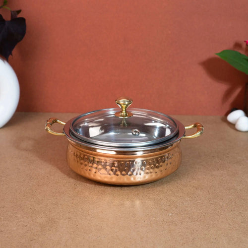 Large Copper & Steel Serving Handi with Glass Lid