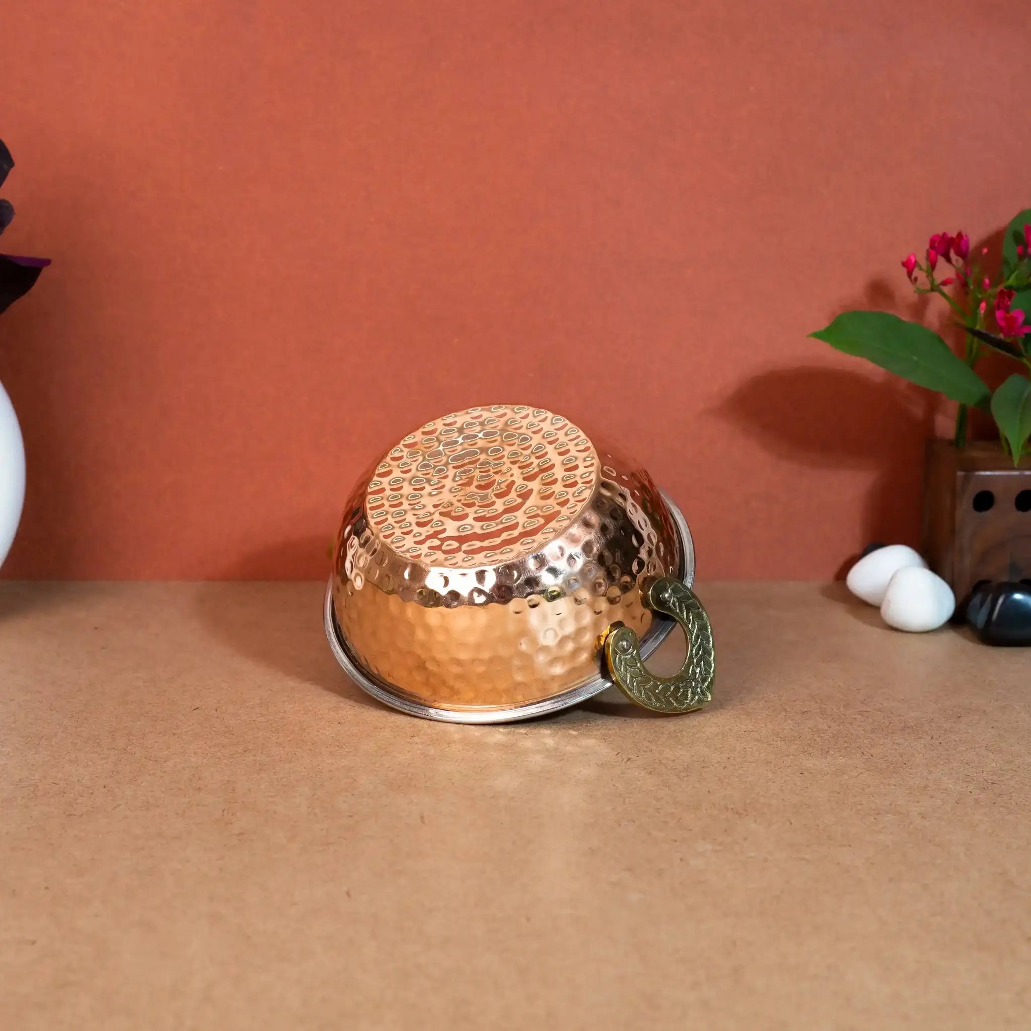 Traditional Copper & Steel Serving Kadai (Indian Wok) with Brass Handles