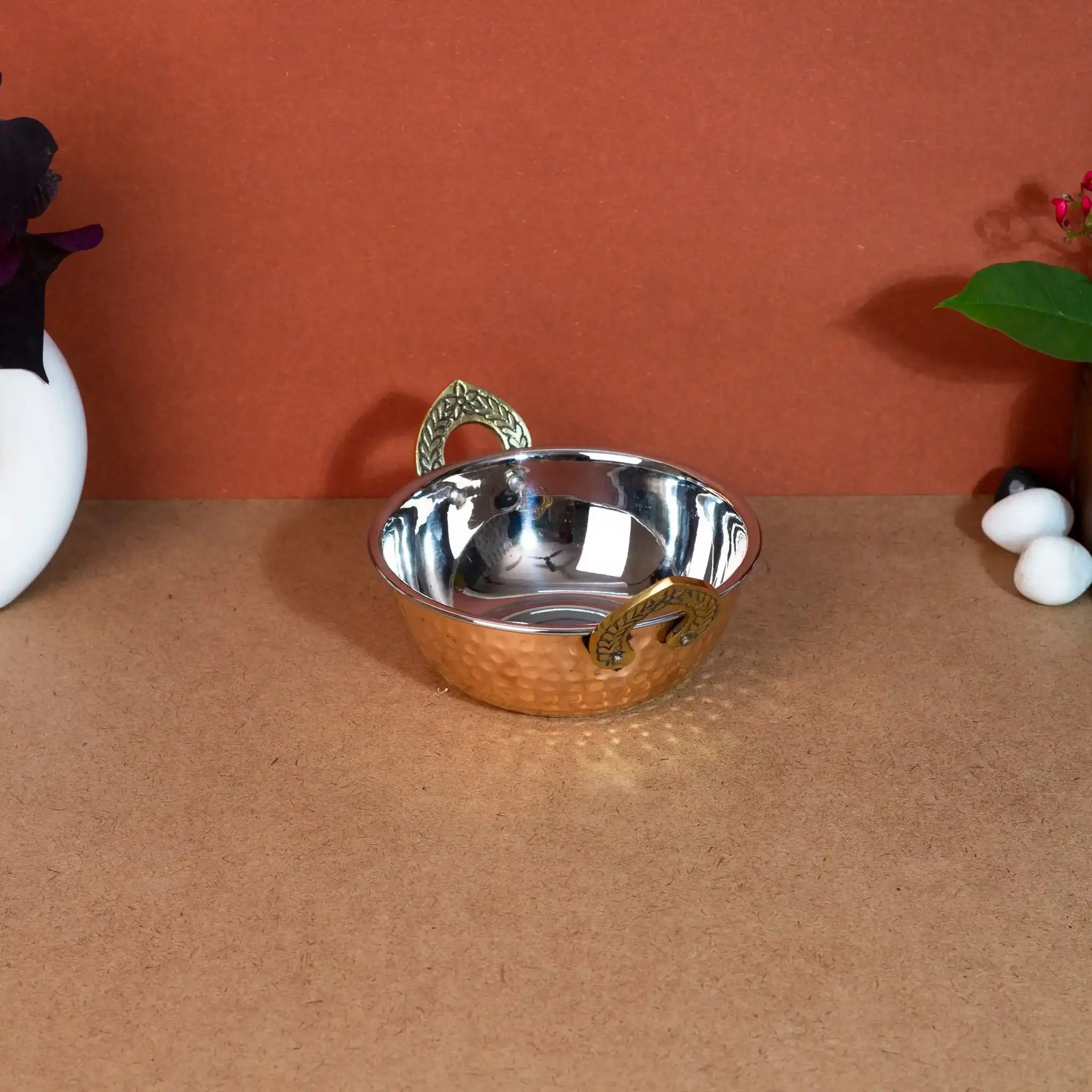 Traditional Copper & Steel Serving Kadai (Indian Wok) with Brass Handles