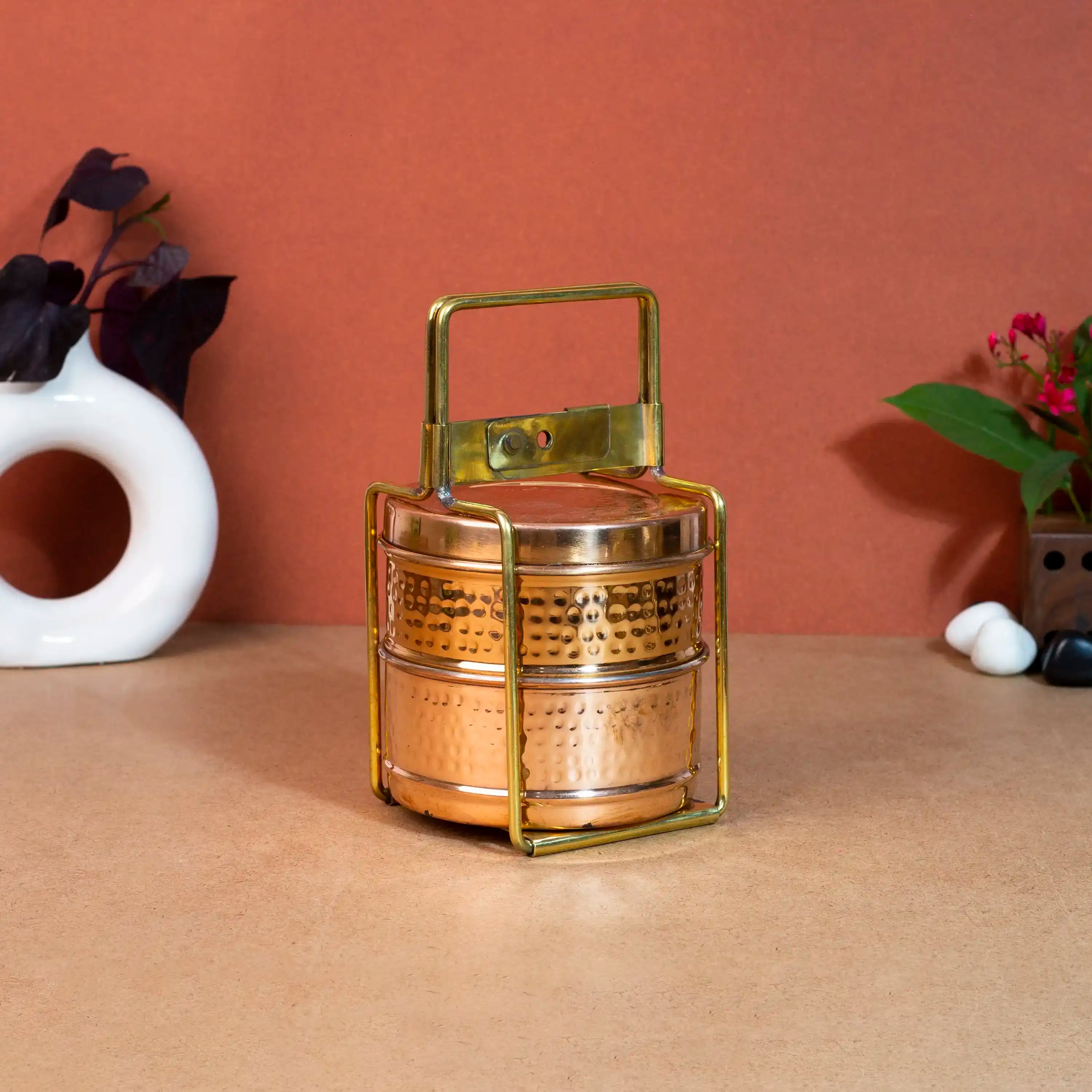Traditional 2-Tier Hammered Copper & Steel Tiffin Box with Brass Frame