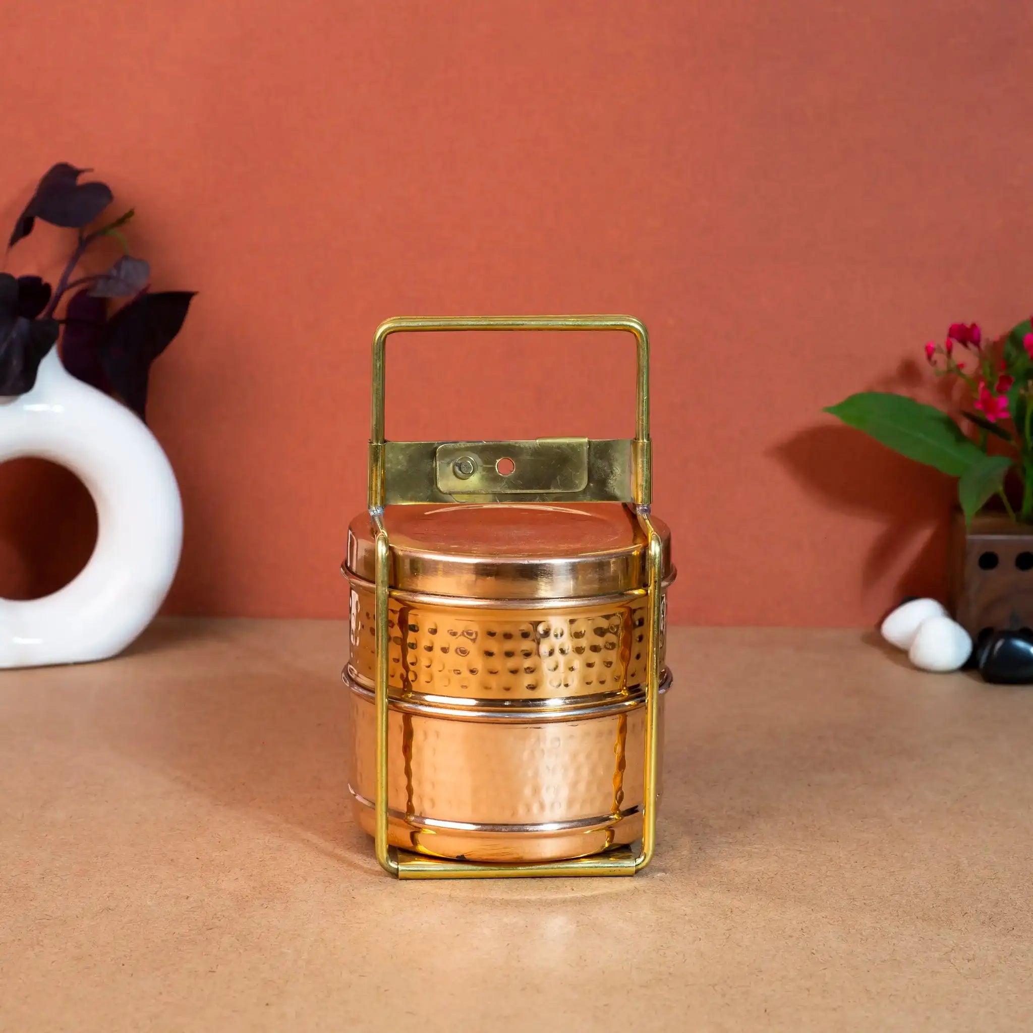 Traditional 2-Tier Hammered Copper & Steel Tiffin Box with Brass Frame