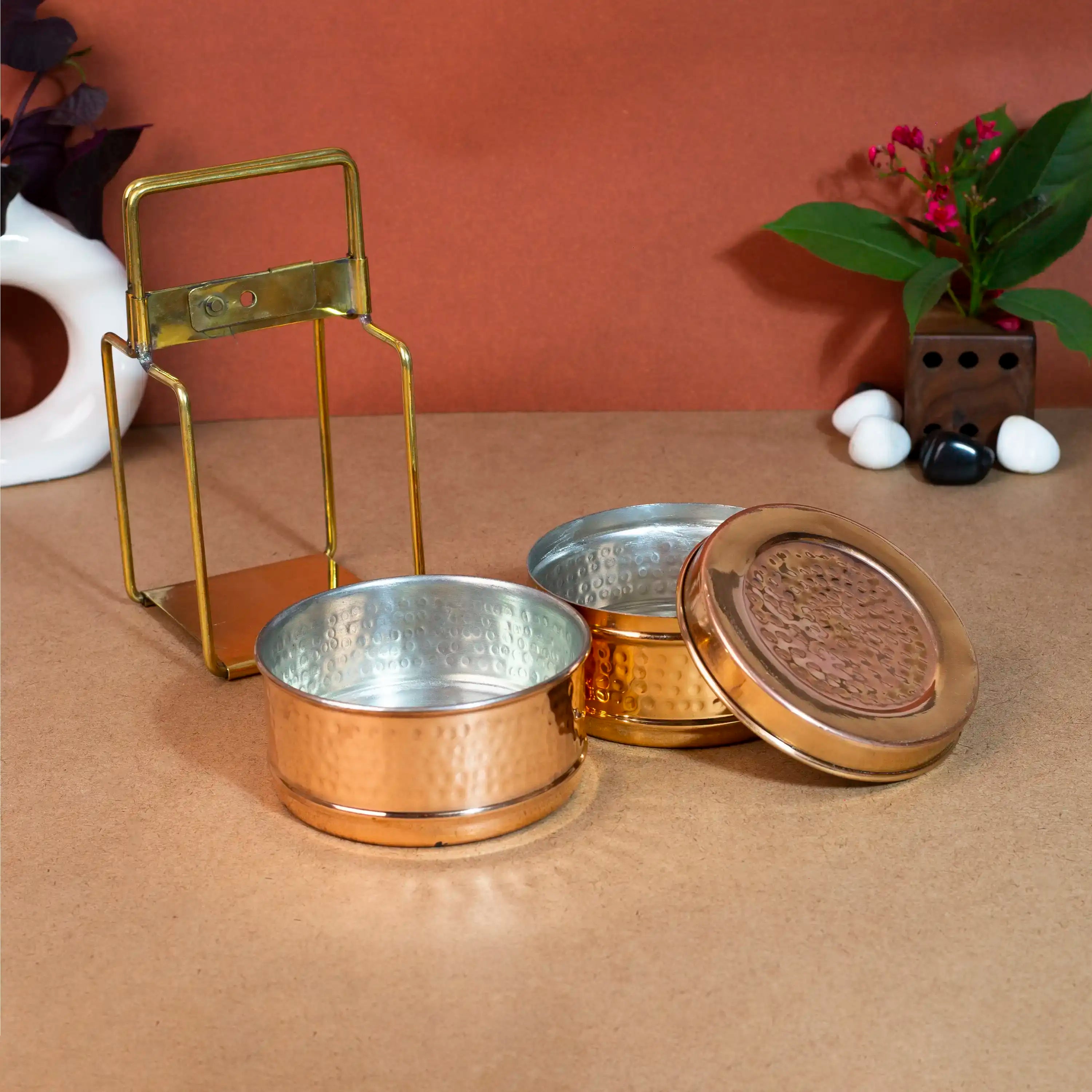 Traditional 2-Tier Hammered Copper & Steel Tiffin Box with Brass Frame