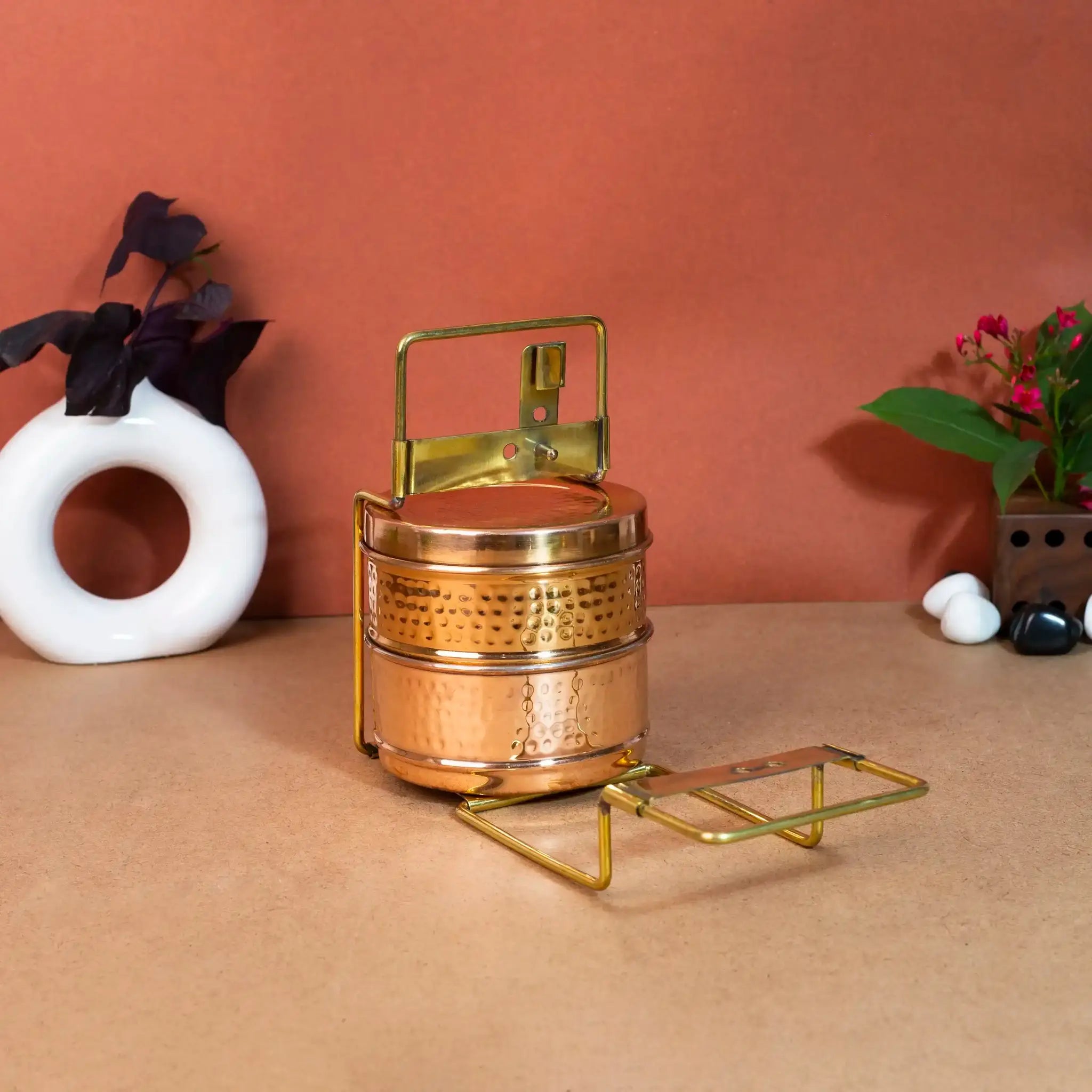 Traditional 2-Tier Hammered Copper & Steel Tiffin Box with Brass Frame
