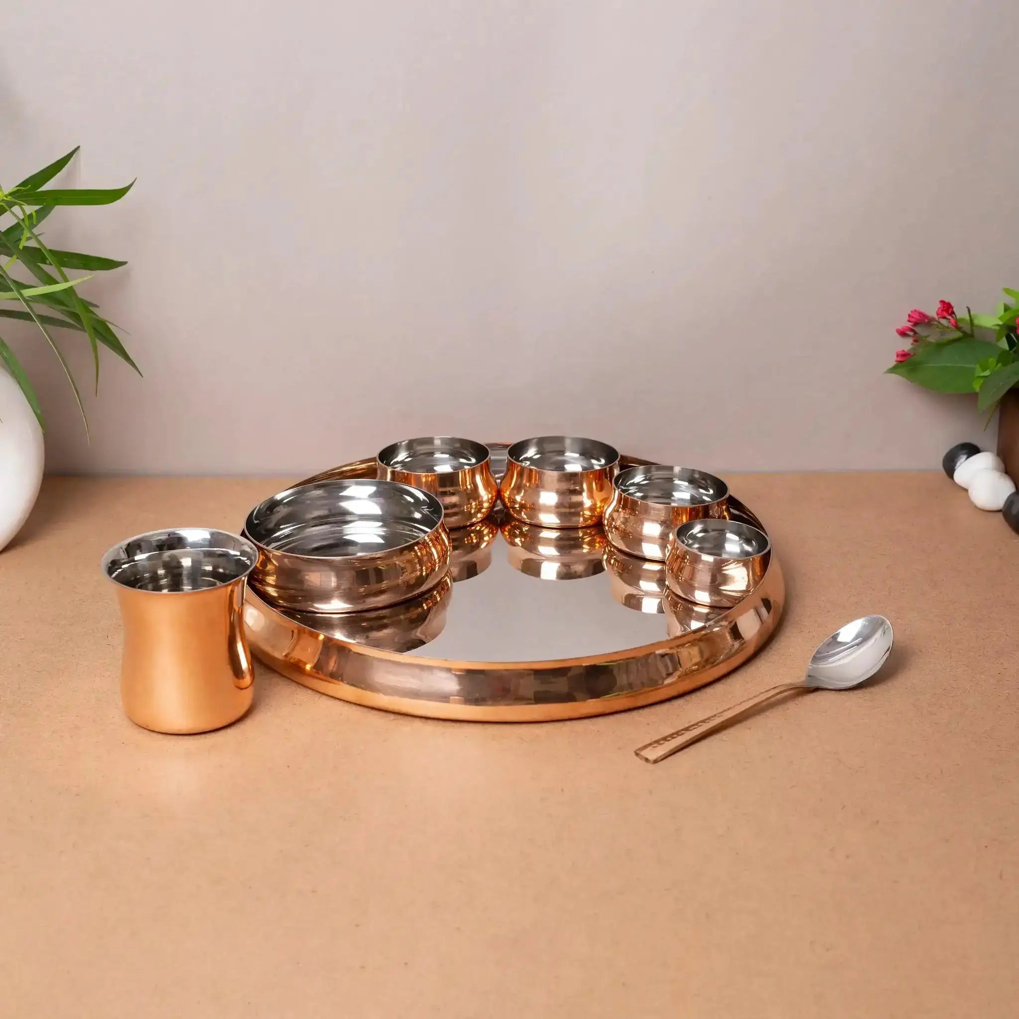 Complete 8-Piece Copper & Steel Thali Dinner Set | For Festive Dining & Gifting