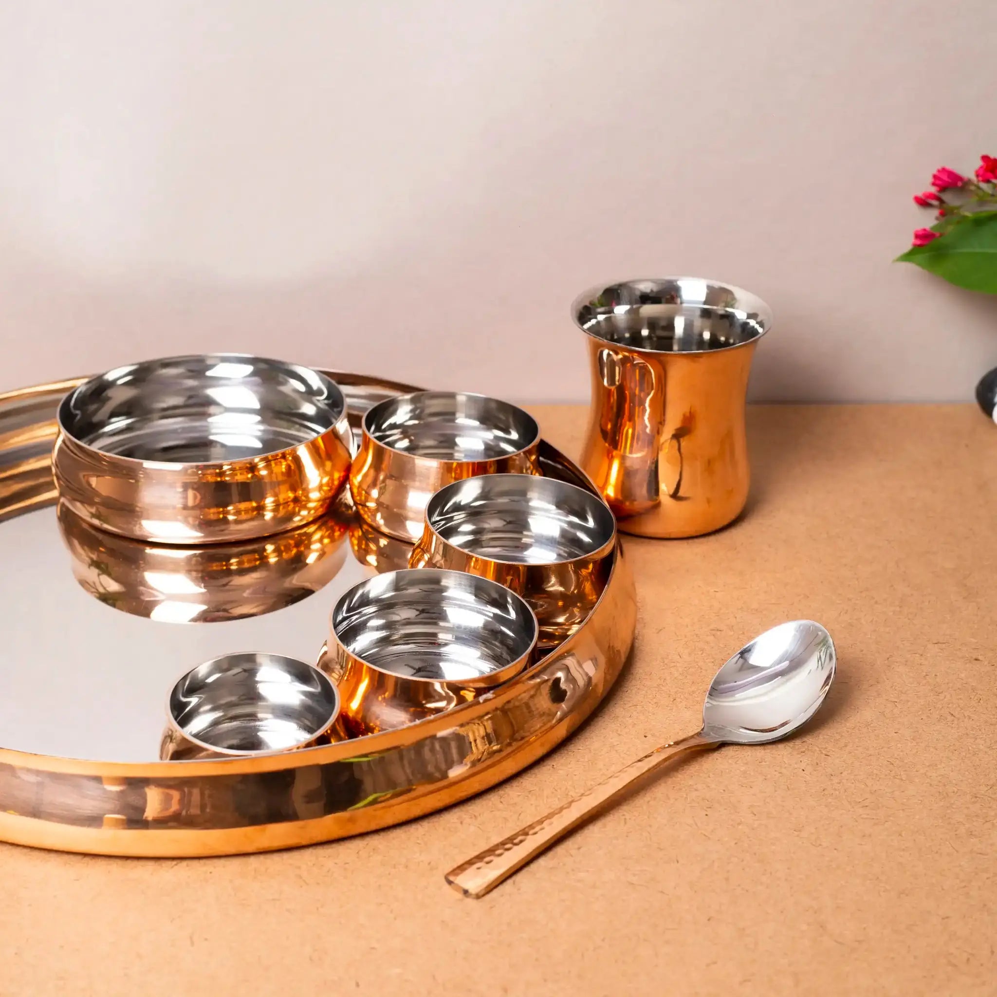 Complete 8-Piece Copper & Steel Thali Dinner Set | For Festive Dining & Gifting