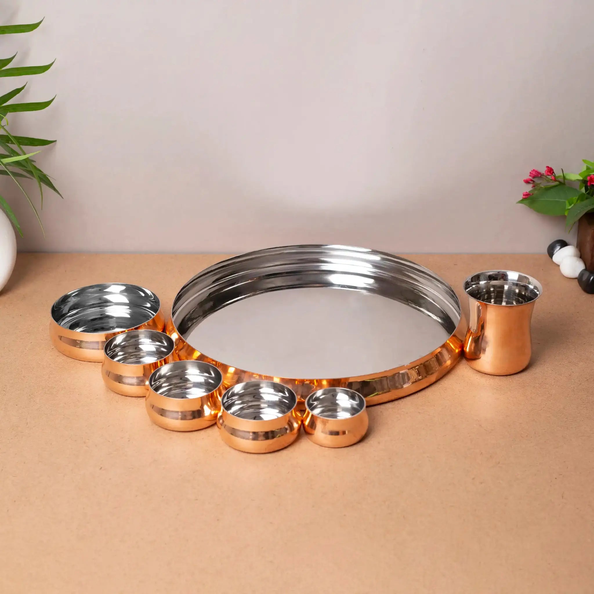 Complete 8-Piece Copper & Steel Thali Dinner Set | For Festive Dining & Gifting