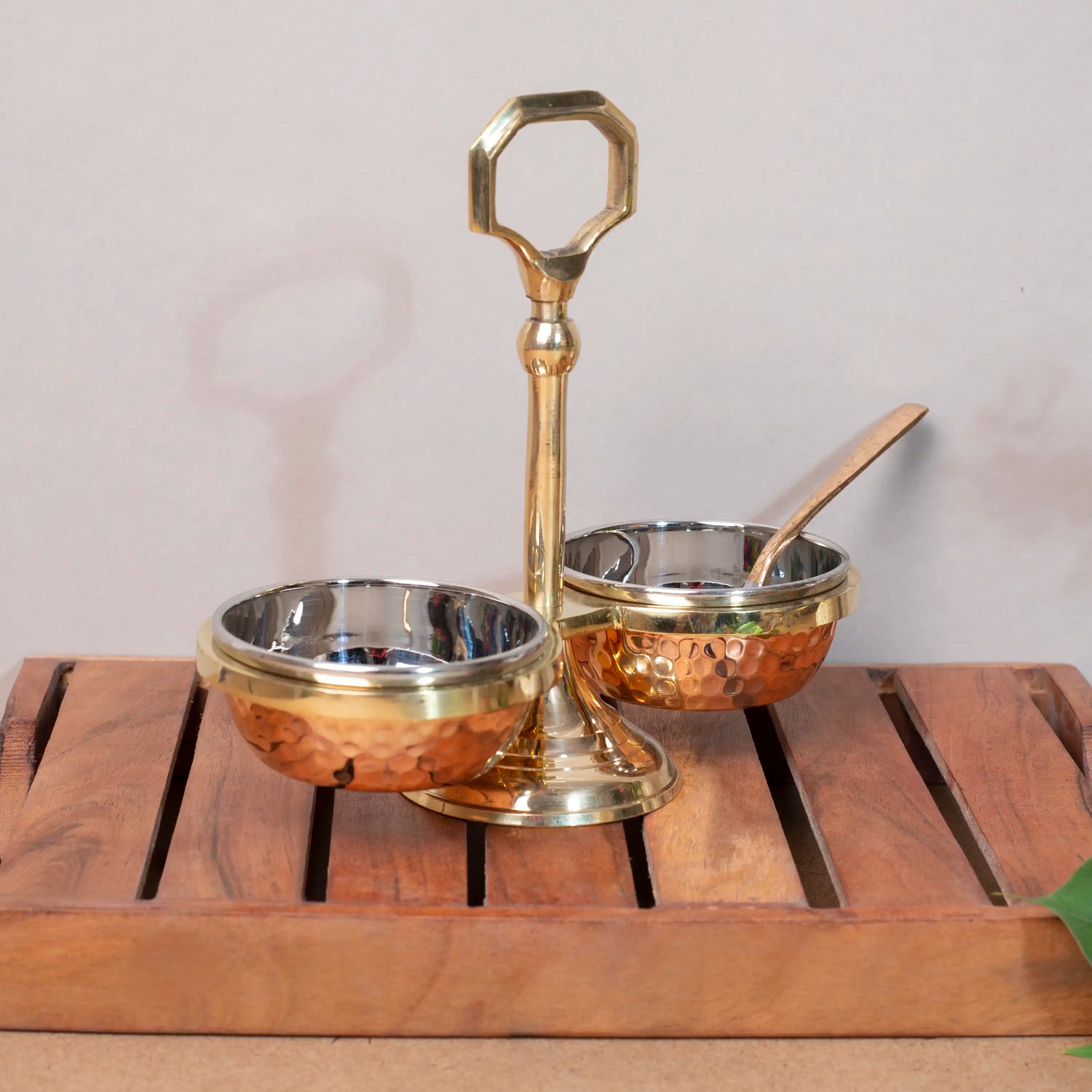 Elegant Copper & Brass Serving Caddy with 2 Steel Bowls & Spoon | For Chutneys & Pickles