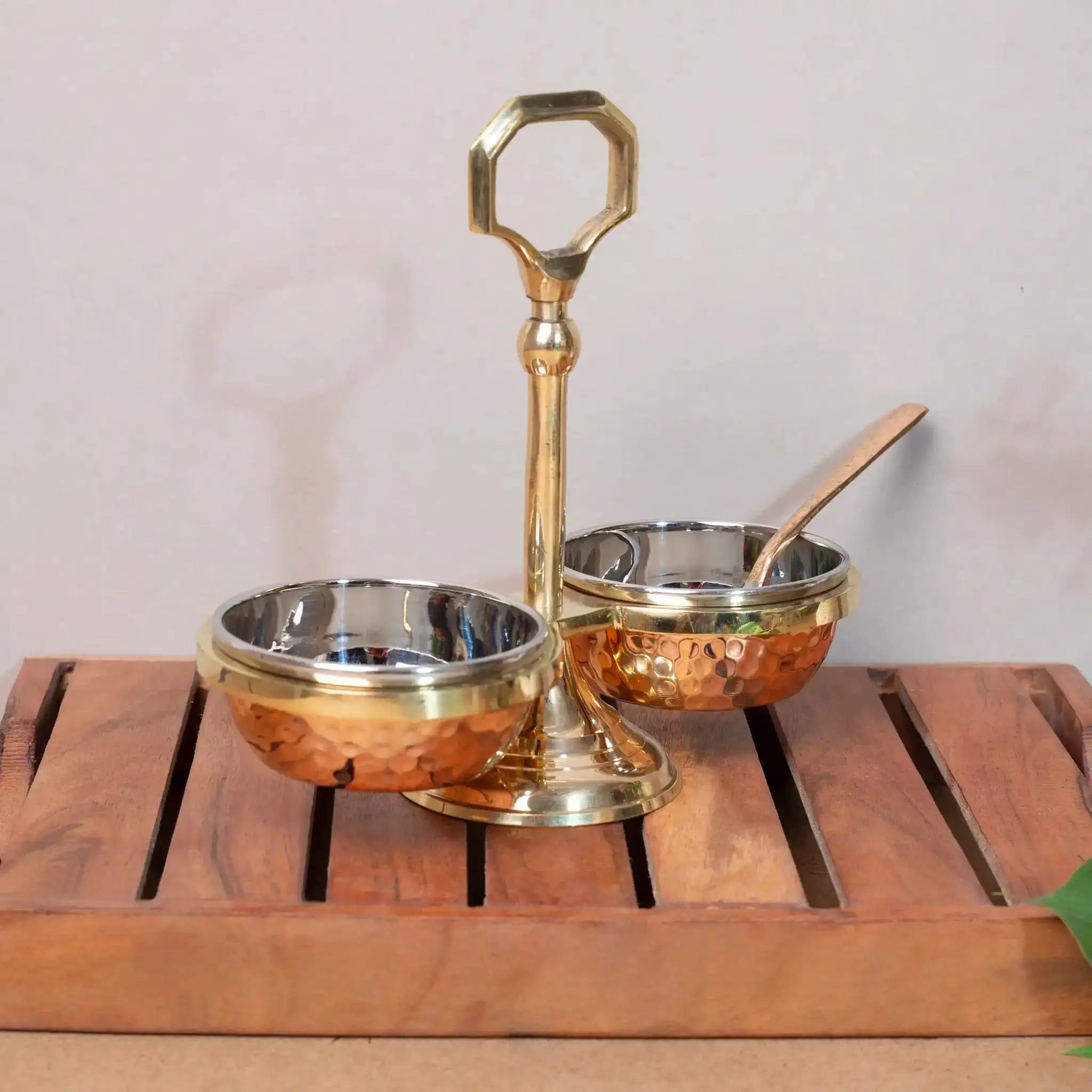 Elegant Copper & Brass Serving Caddy with 2 Steel Bowls & Spoon | For Chutneys & Pickles