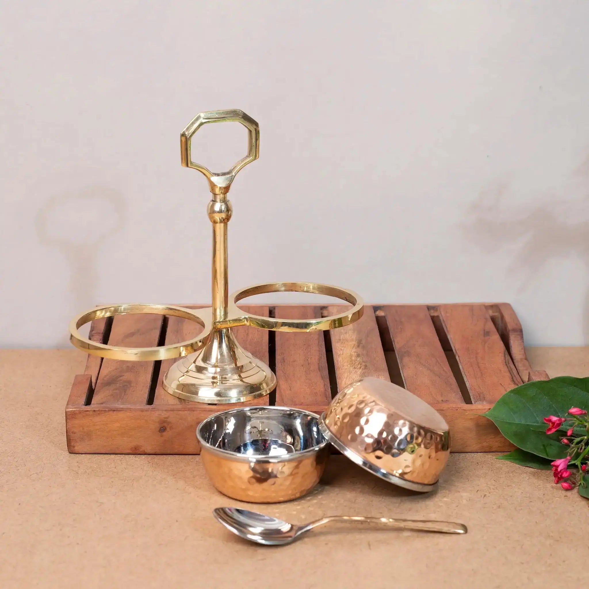 Elegant Copper & Brass Serving Caddy with 2 Steel Bowls & Spoon | For Chutneys & Pickles