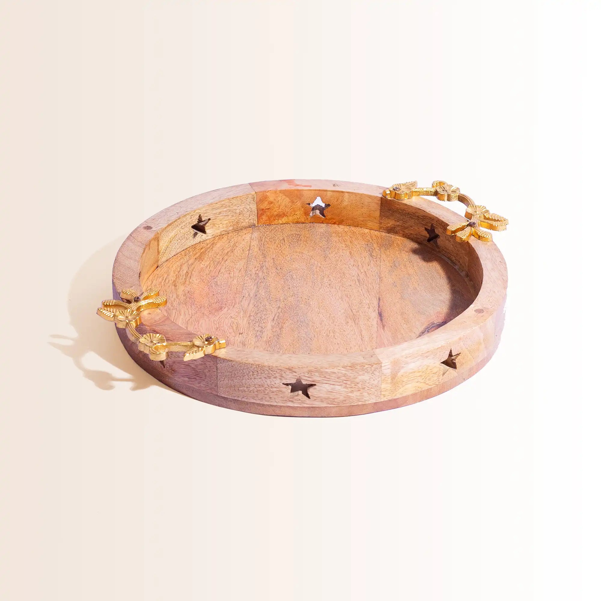 Mango Wood Serving Tray with Brass Leaf Handles & Star Cutouts
