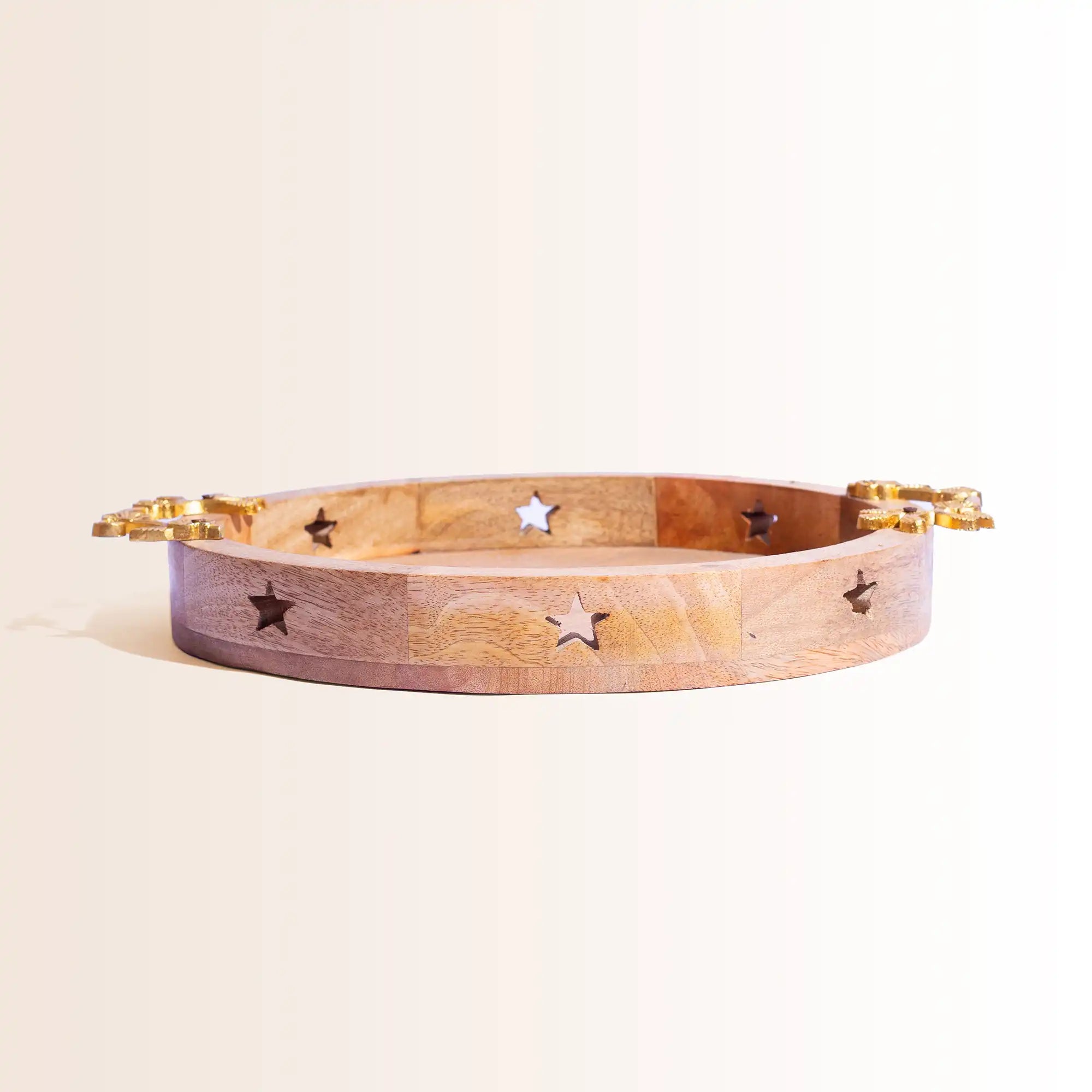 Mango Wood Serving Tray with Brass Leaf Handles & Star Cutouts
