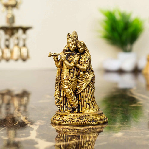 Romantic Brass Radha Krishna Idol | Divine Couple with Flute Statue