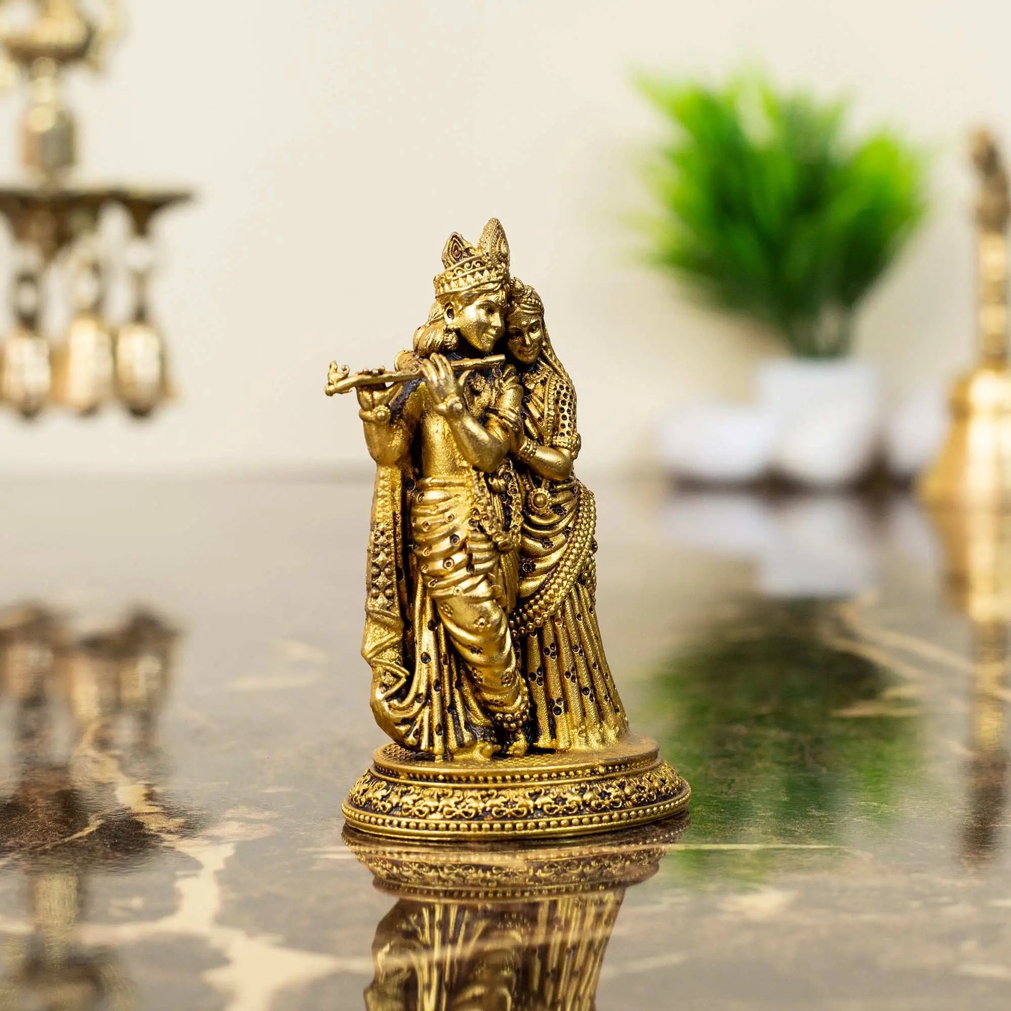 Romantic Brass Radha Krishna Idol | Divine Couple with Flute Statue