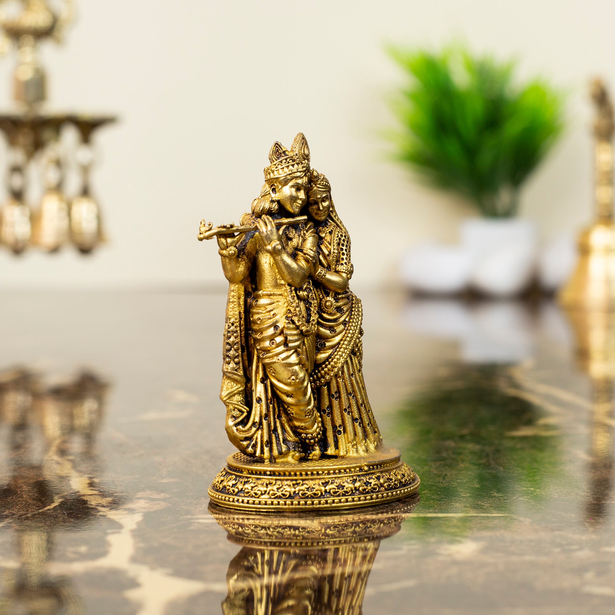 Romantic Brass Radha Krishna Idol | Divine Couple with Flute Statue