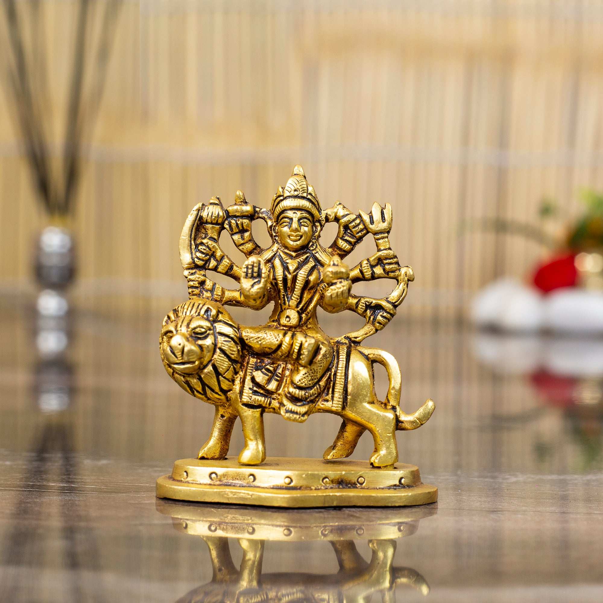 Powerful Brass Goddess Durga Idol on Lion