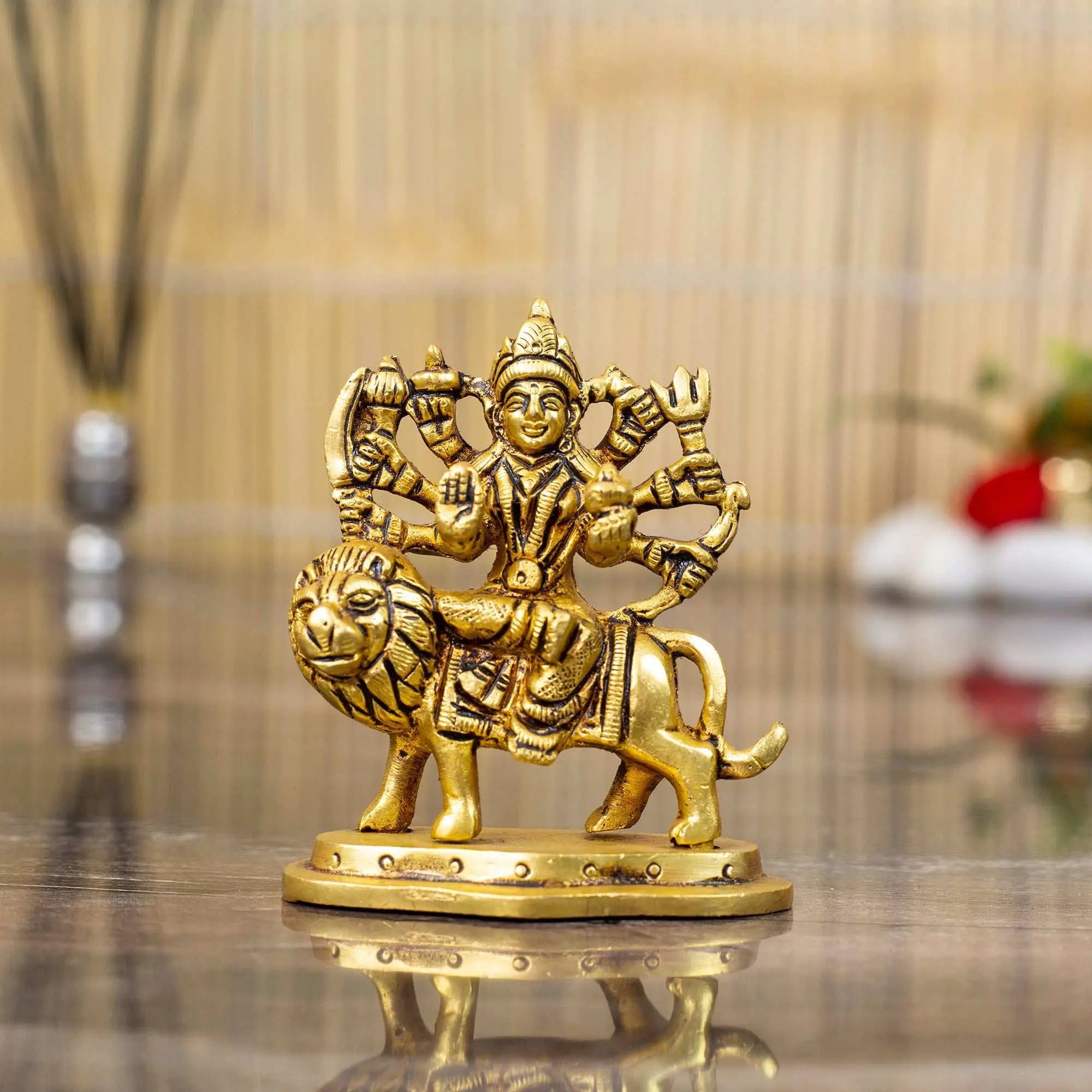 Powerful Brass Goddess Durga Idol on Lion